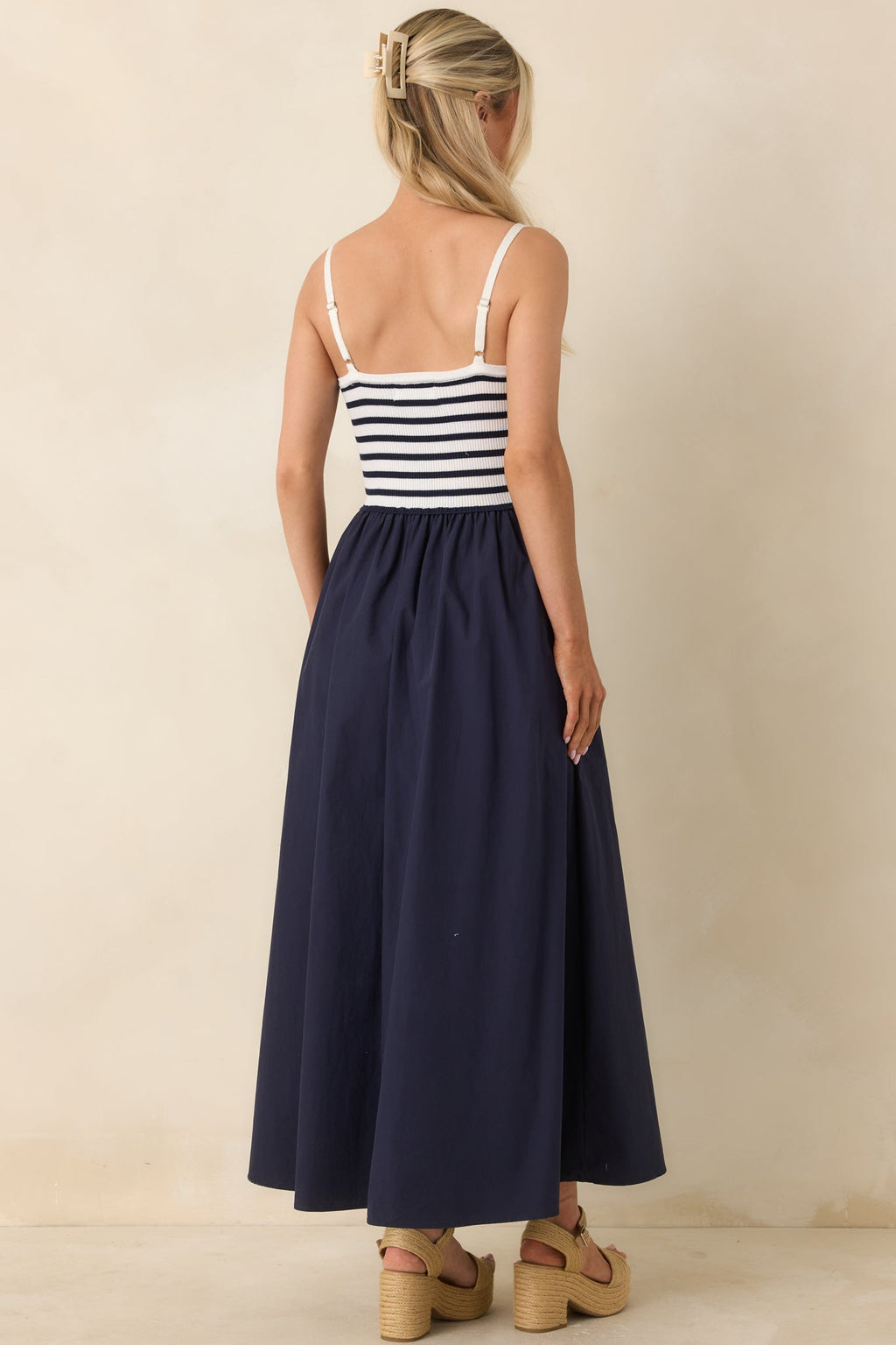 Women's Exactly Like This Navy Stripe Ribbed Knit Cutout Cotton Maxi Dress | 100% Cotton Contrast: 100% Polyester 7