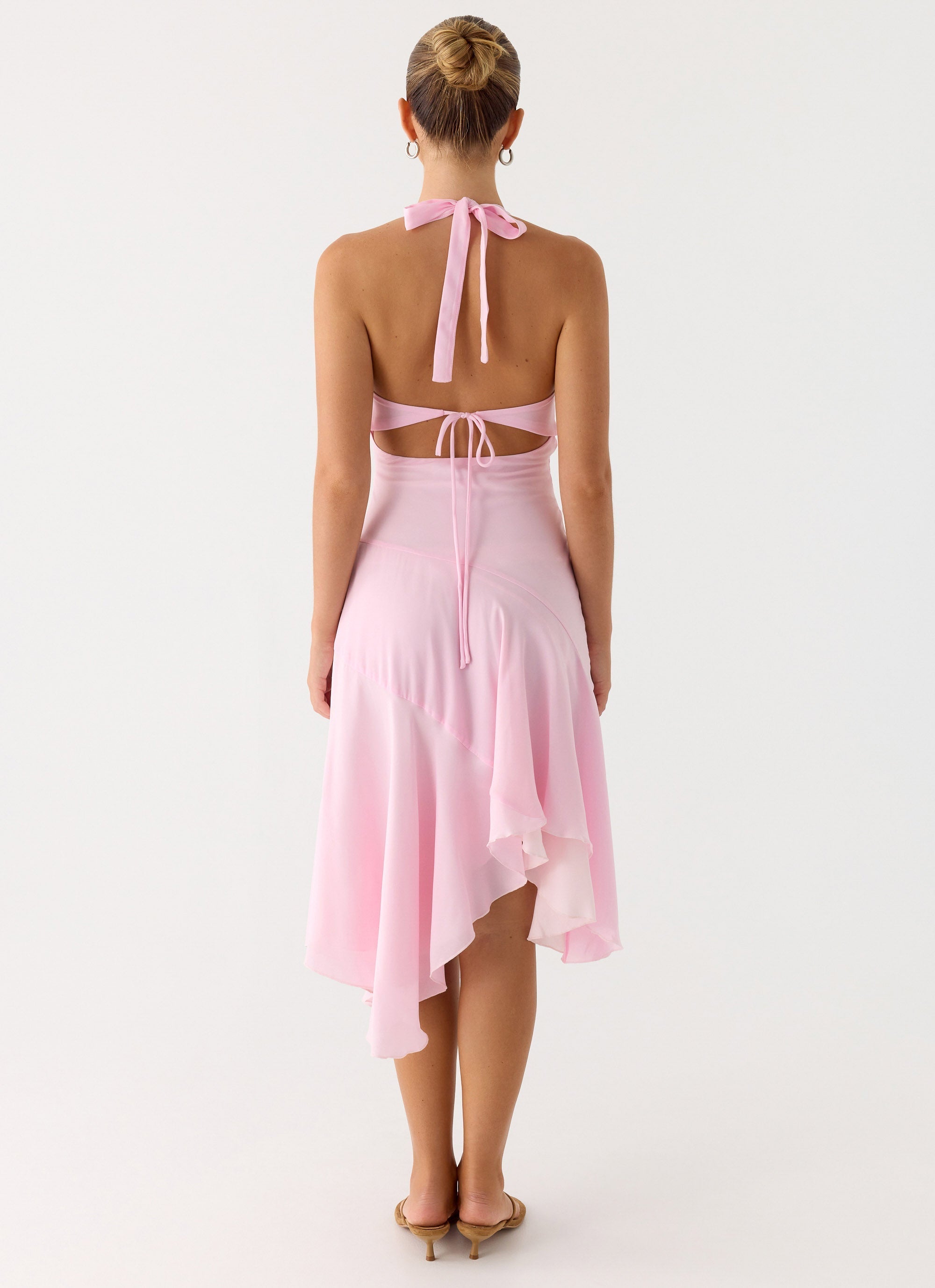Faelie Collection | Pink Midi Dress with Halter Neck & Asymmetrical Hemline | Elegant Style for Day-to-Night Wear 1