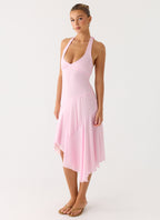 Faelie Collection | Pink Midi Dress with Halter Neck & Asymmetrical Hemline | Elegant Style for Day-to-Night Wear 2