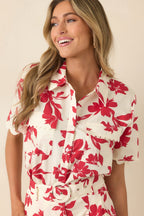 Women's Feeling Fabulous Ivory & Red Floral Cotton Button Front Top | 100% Cotton 3