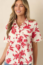 Women's Feeling Fabulous Ivory & Red Floral Cotton Button Front Top | 100% Cotton 5