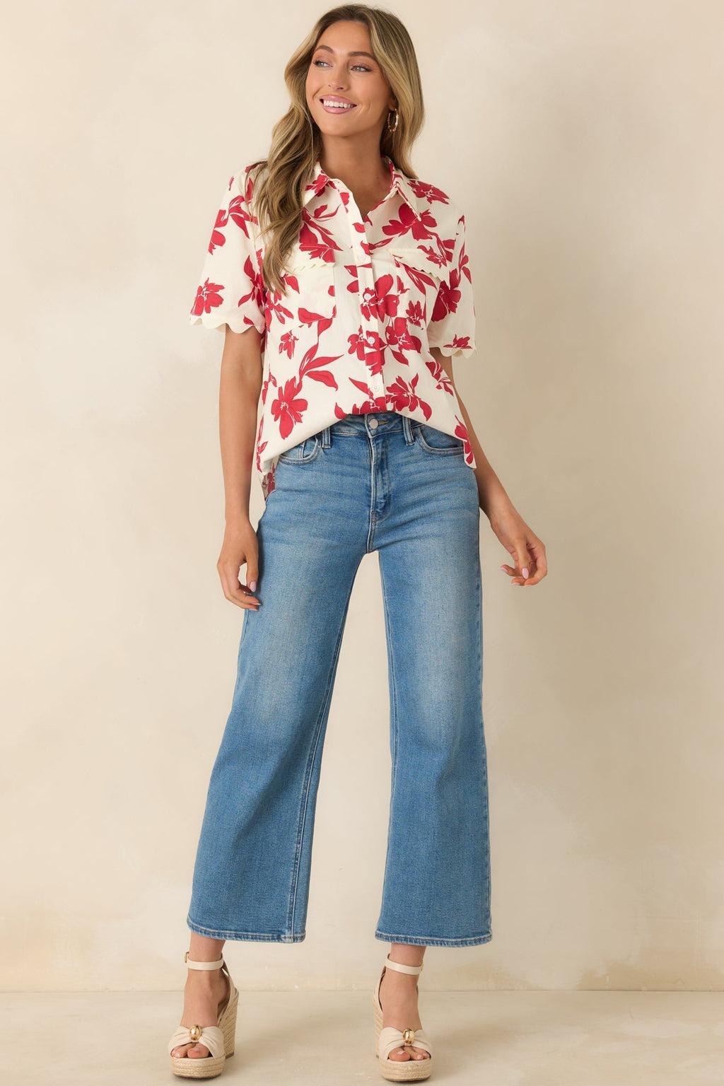 Women's Feeling Fabulous Ivory & Red Floral Cotton Button Front Top | 100% Cotton 7