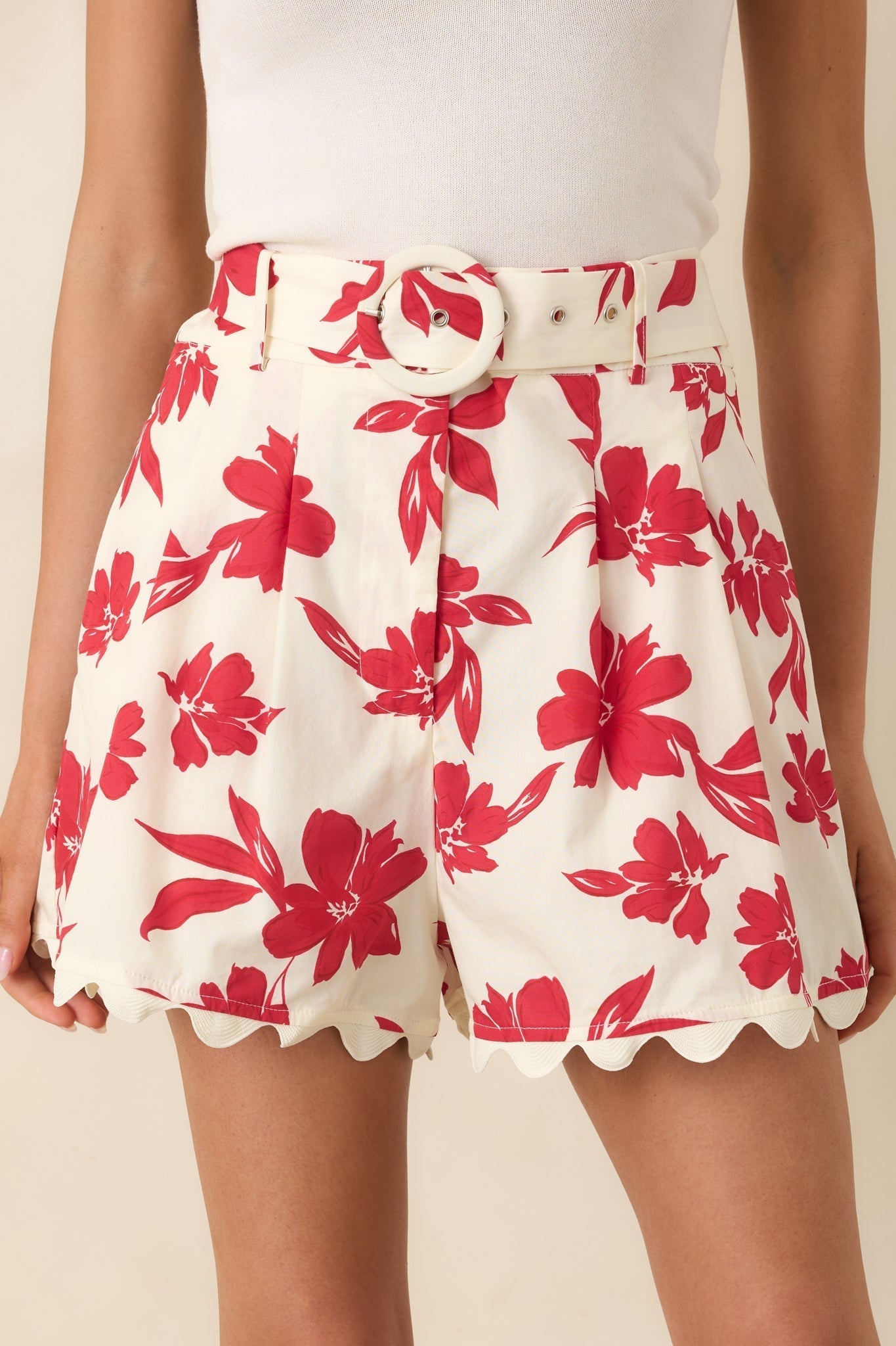 Women's Feeling Fabulous Ivory & Red Floral Cotton High Waisted Shorts | 100% Cotton 0