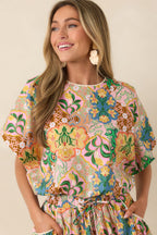 Women's Find Me in Florence Pink Multi Floral Cotton Balloon Hem Top | 98% Cotton & 2% Spandex 1