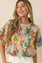 Women's Find Me in Florence Pink Multi Floral Cotton Balloon Hem Top | 98% Cotton & 2% Spandex 7