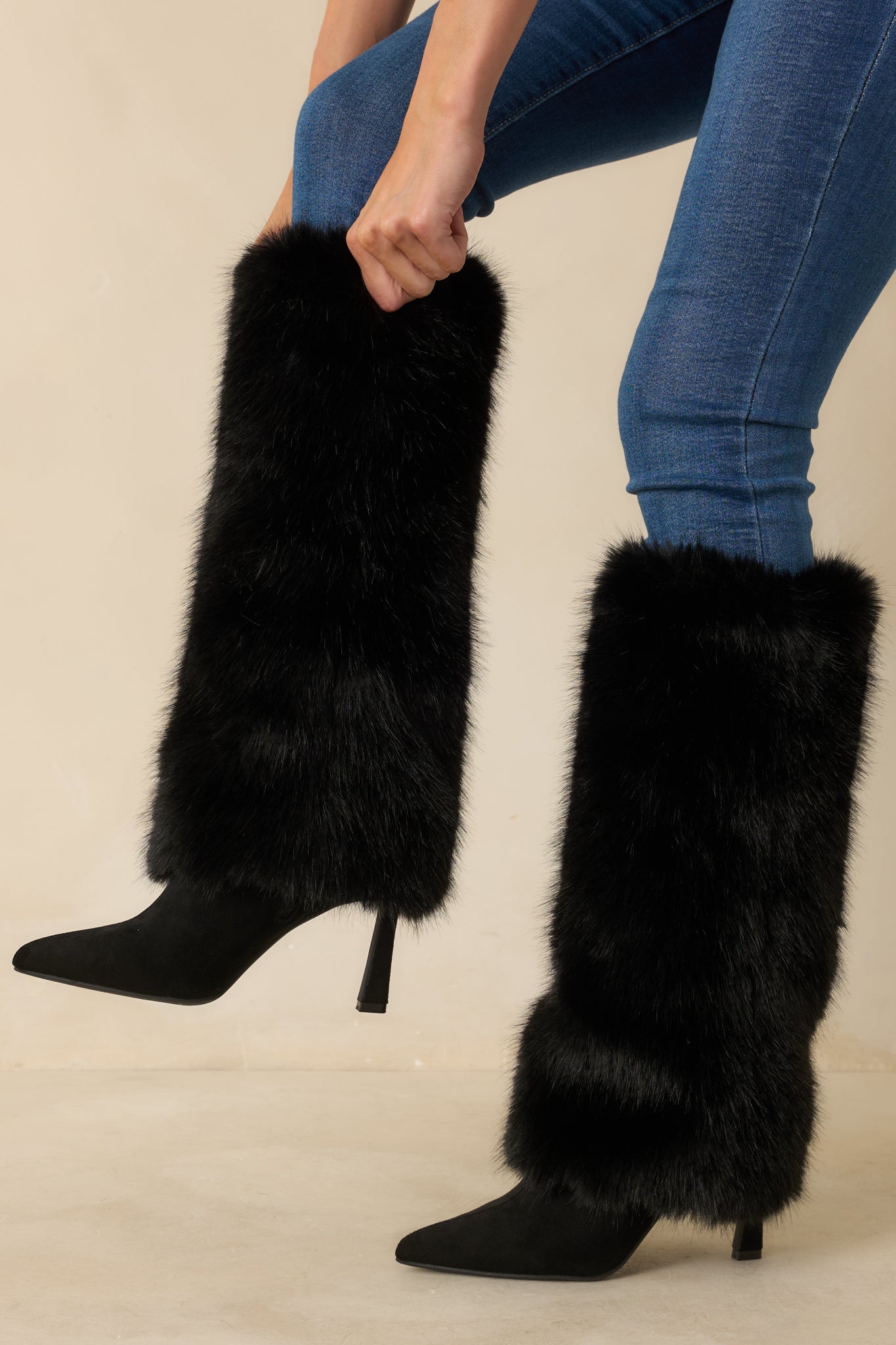 Women's Fine Point Black Faux Fur and Suede Pointed Toe Stiletto Boots | Heel measures 3.5" 0