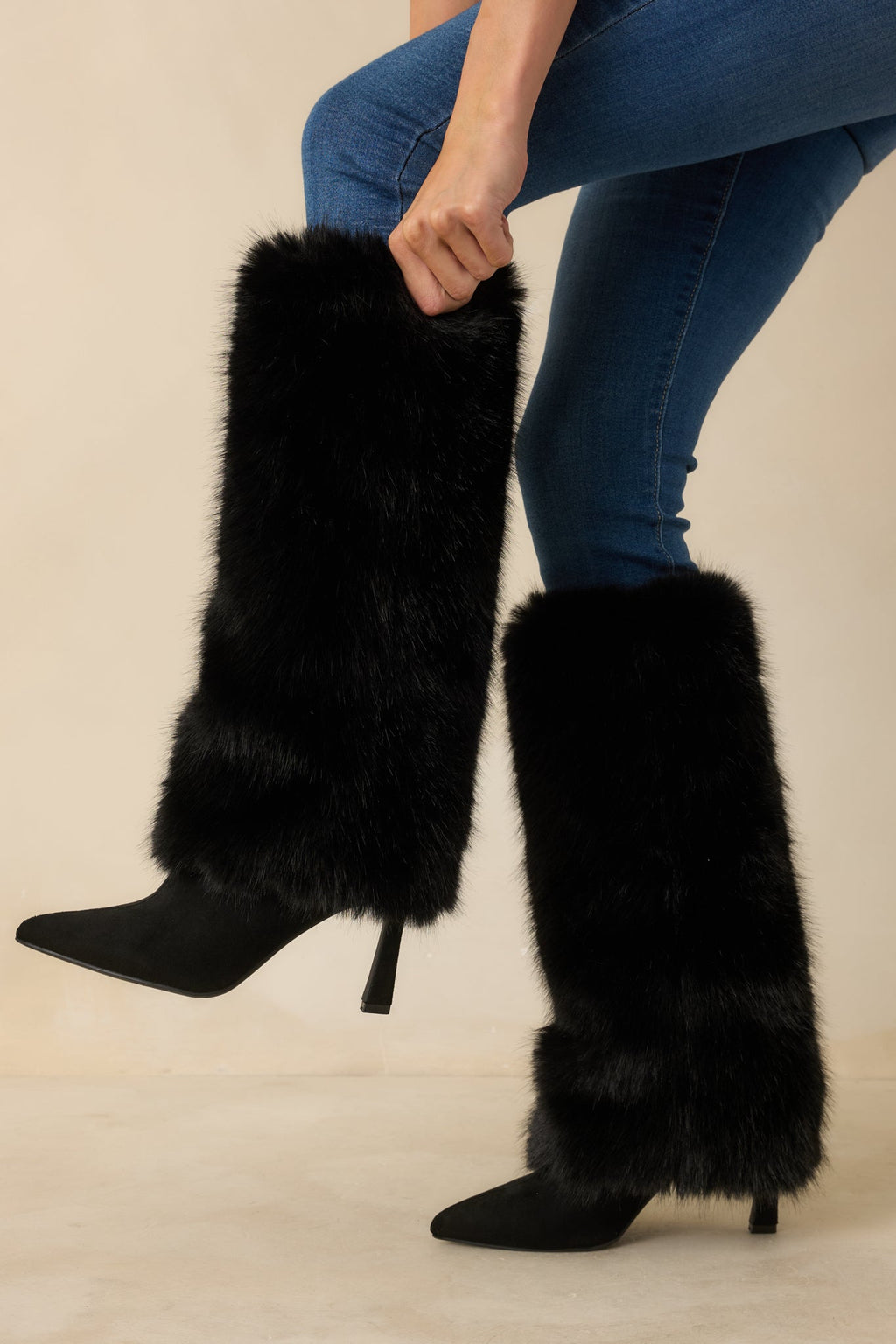 Women's Fine Point Black Faux Fur and Suede Pointed Toe Stiletto Boots | Heel measures 3.5" 1