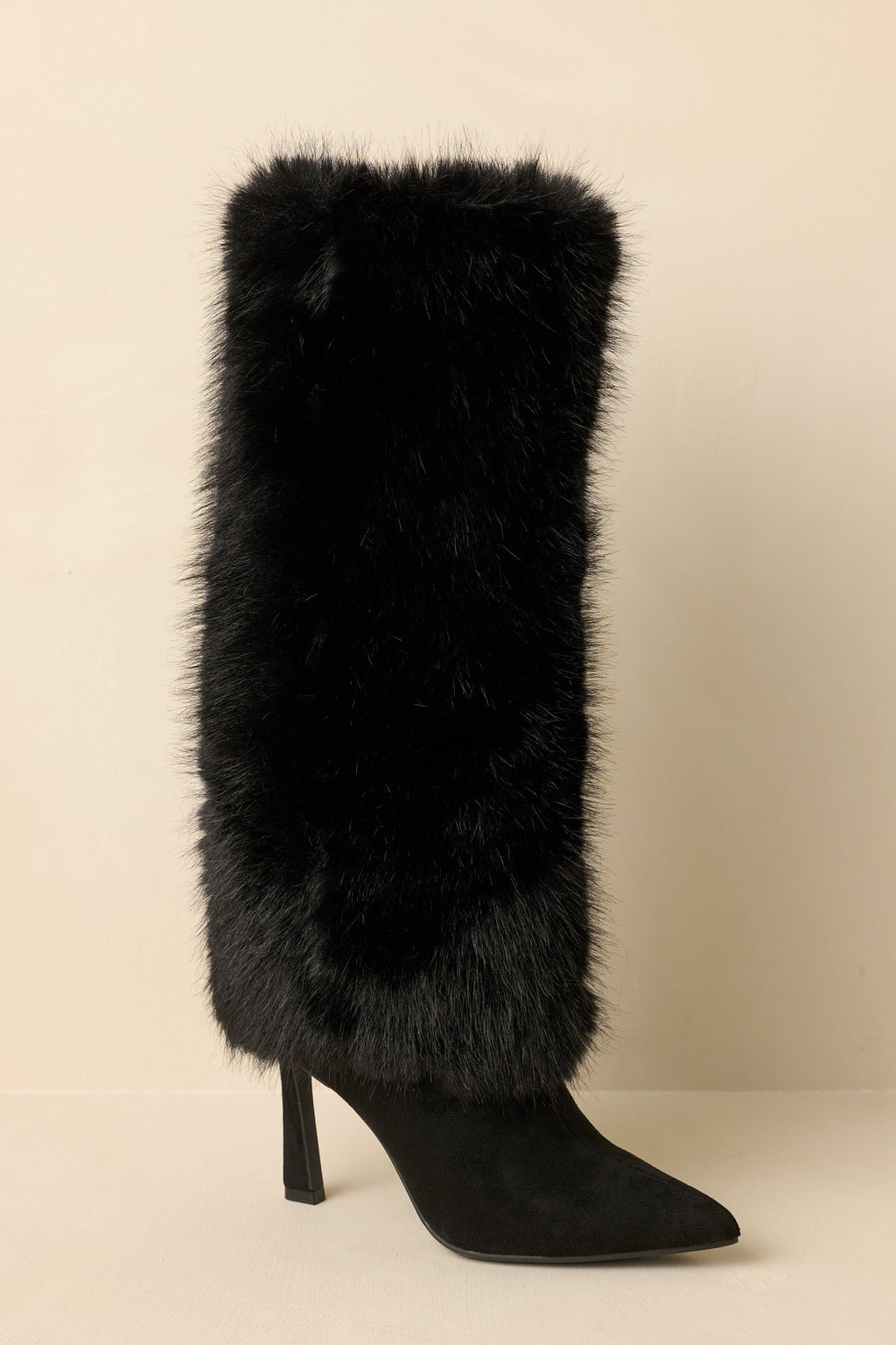 Women's Fine Point Black Faux Fur and Suede Pointed Toe Stiletto Boots | Heel measures 3.5" 4