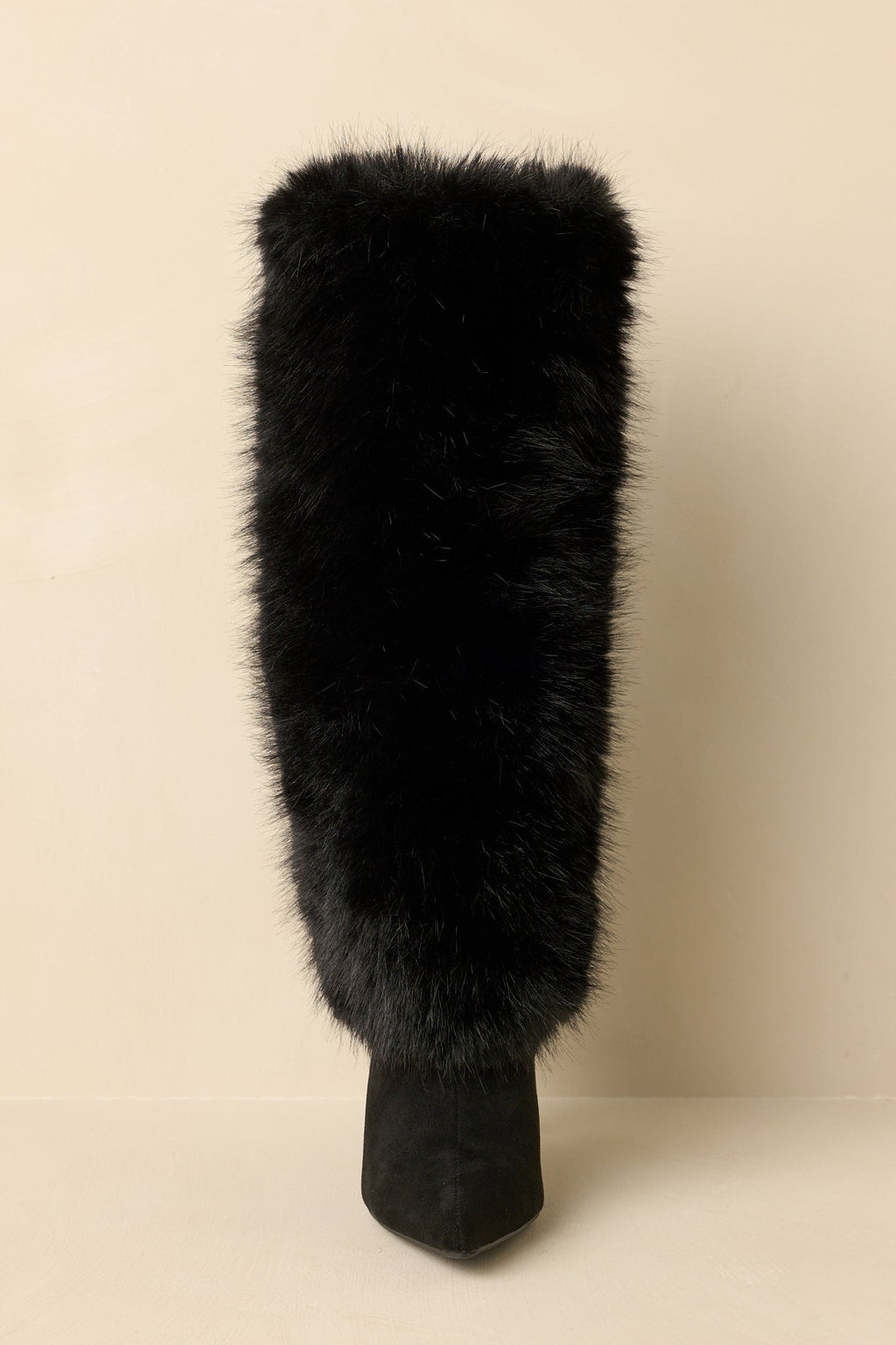 Women's Fine Point Black Faux Fur and Suede Pointed Toe Stiletto Boots | Heel measures 3.5" 6