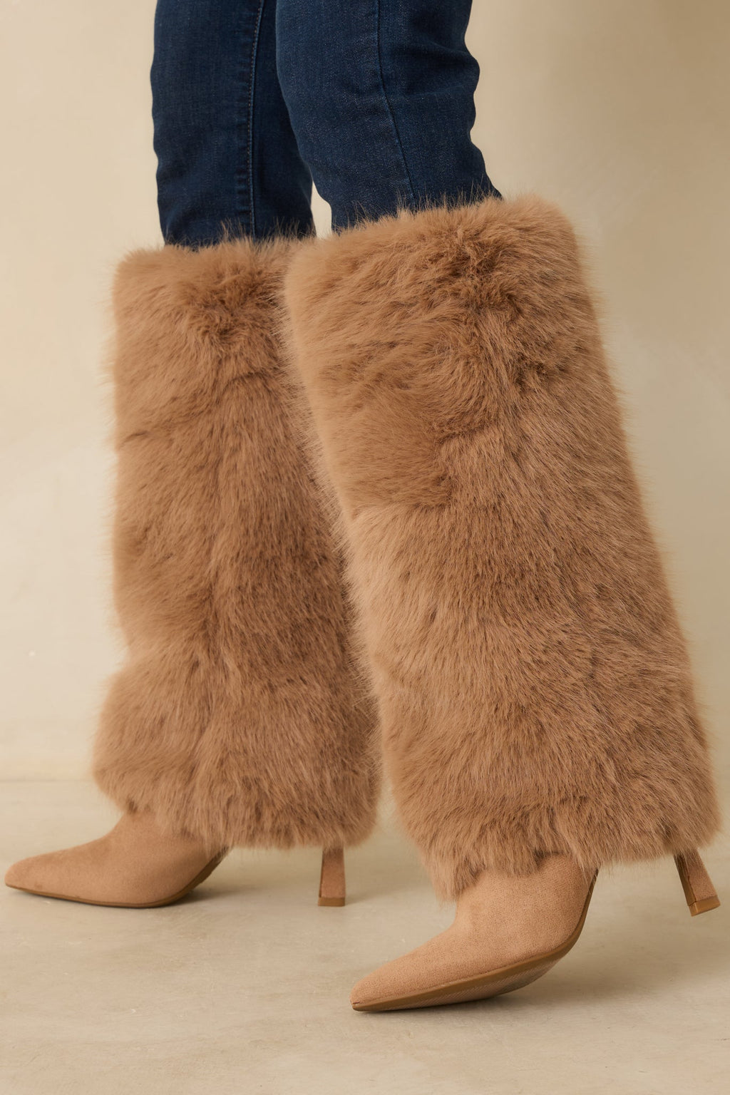 Women's Fine Point Tan Faux Fur and Suede Pointed Toe Stiletto Boots | Heel measures 3.5" 0