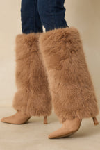 Women's Fine Point Tan Faux Fur and Suede Pointed Toe Stiletto Boots | Heel measures 3.5" 0