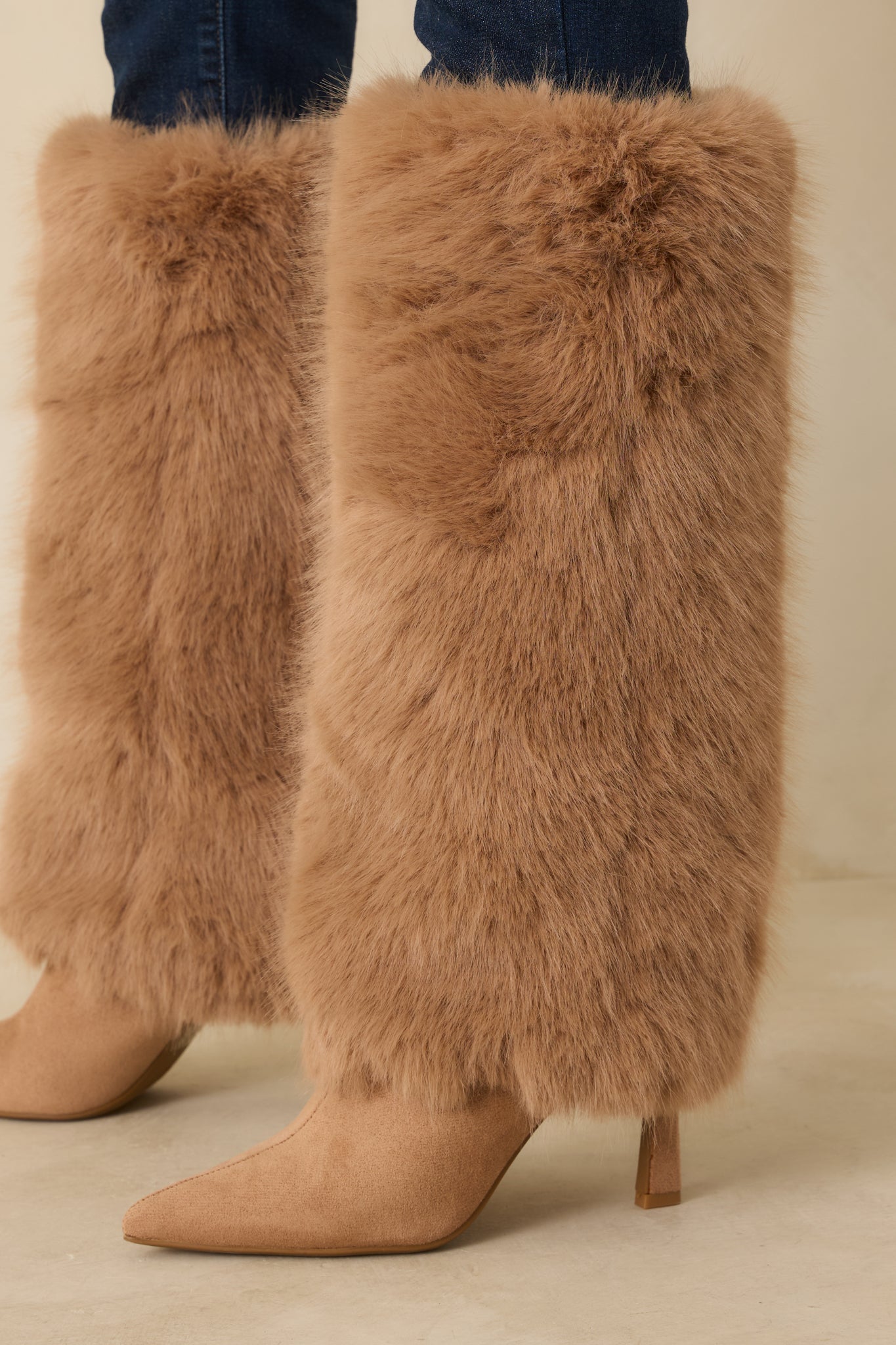 Women's Fine Point Tan Faux Fur and Suede Pointed Toe Stiletto Boots | Heel measures 3.5" 1