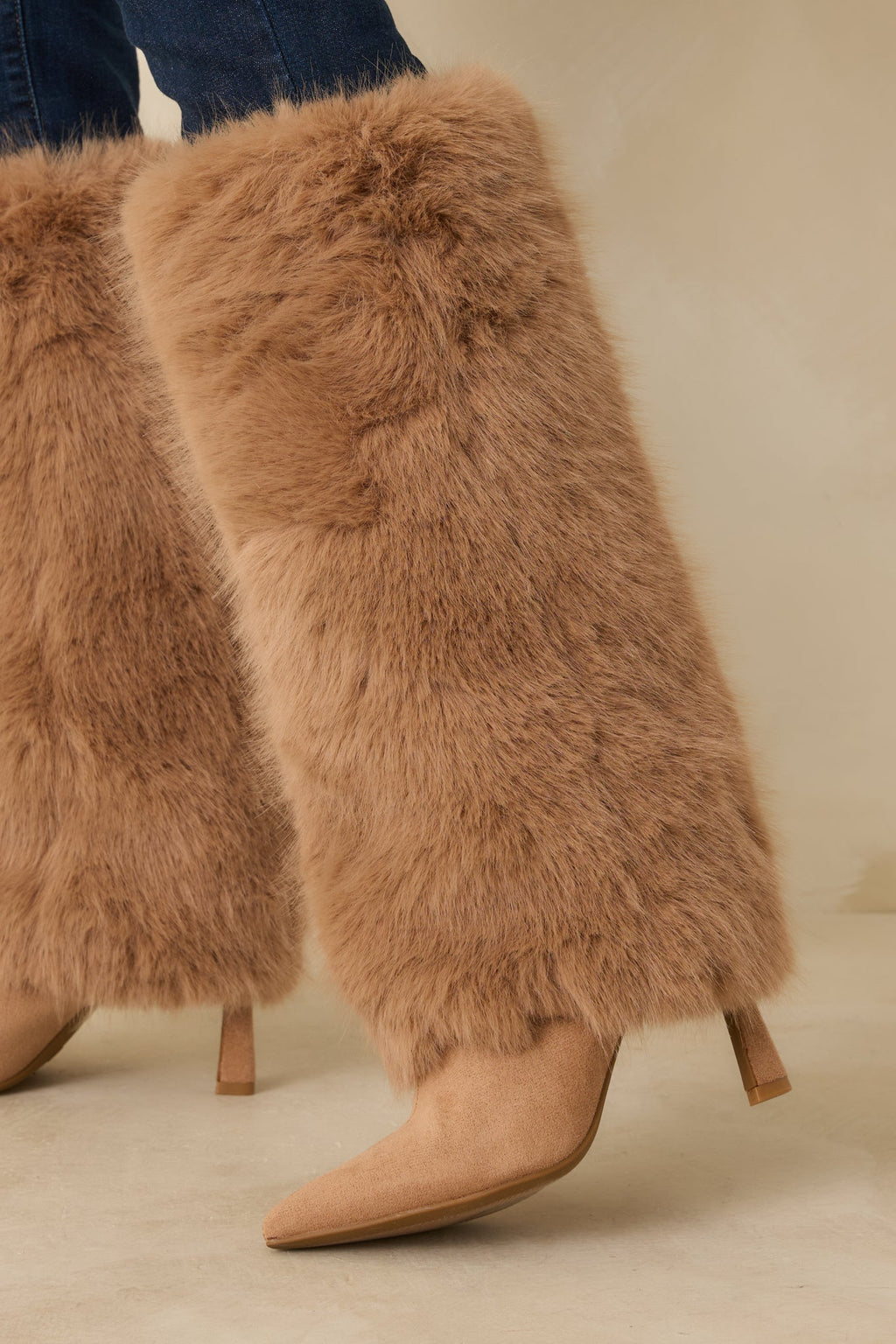Women's Fine Point Tan Faux Fur and Suede Pointed Toe Stiletto Boots | Heel measures 3.5" 2