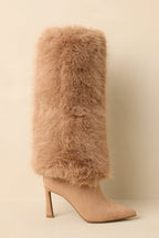 Women's Fine Point Tan Faux Fur and Suede Pointed Toe Stiletto Boots | Heel measures 3.5" 3