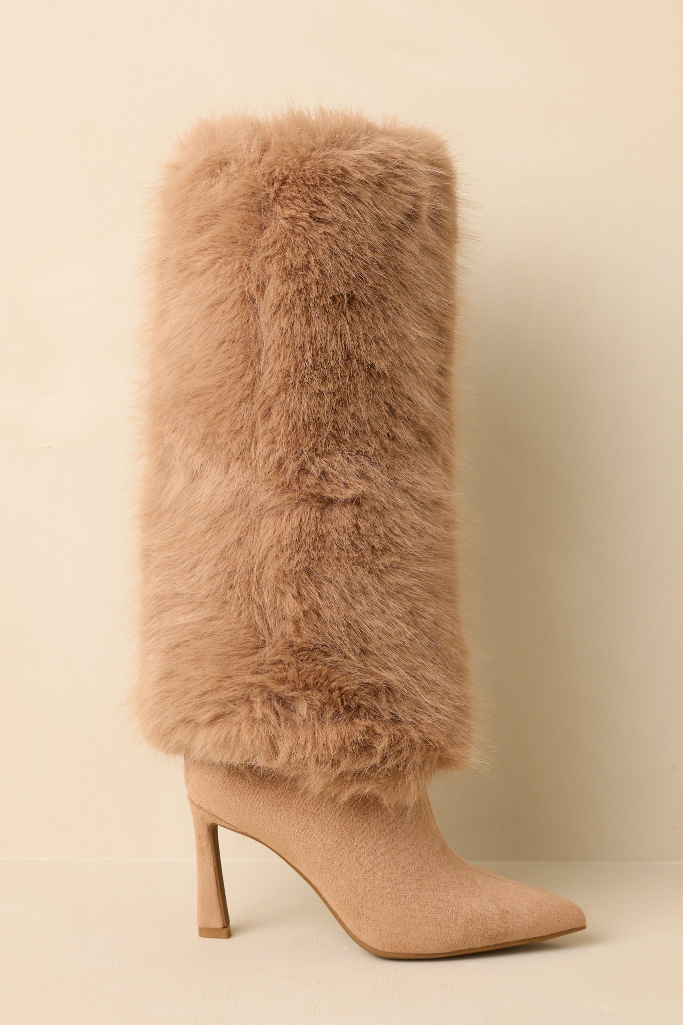 Women's Fine Point Tan Faux Fur and Suede Pointed Toe Stiletto Boots | Heel measures 3.5" 3