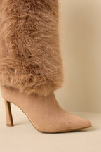 Women's Fine Point Tan Faux Fur and Suede Pointed Toe Stiletto Boots | Heel measures 3.5" 4