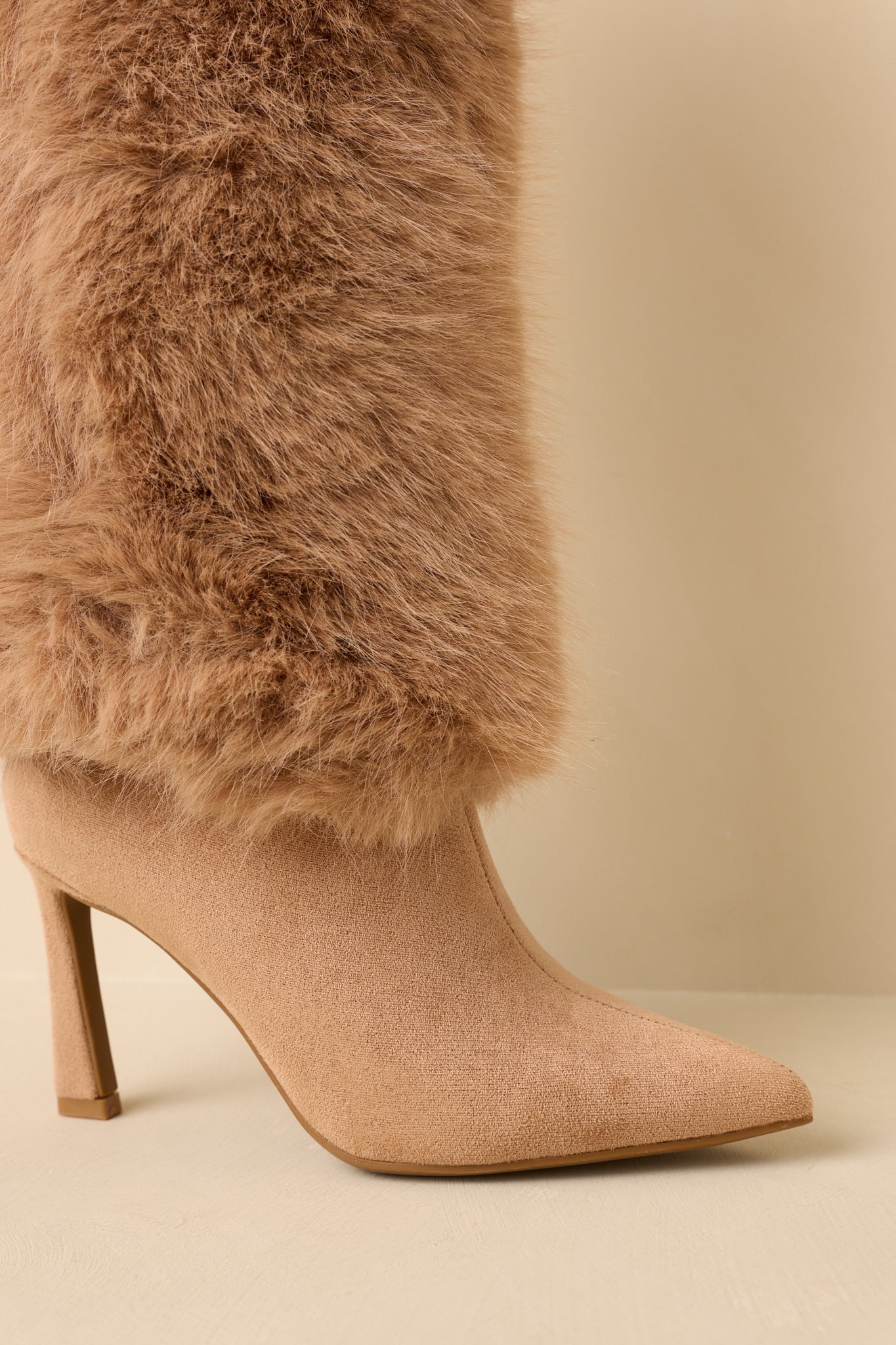 Women's Fine Point Tan Faux Fur and Suede Pointed Toe Stiletto Boots | Heel measures 3.5" 4