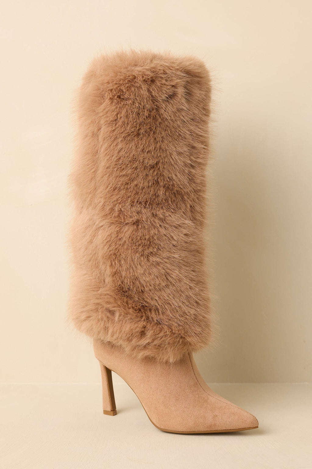 Women's Fine Point Tan Faux Fur and Suede Pointed Toe Stiletto Boots | Heel measures 3.5" 5