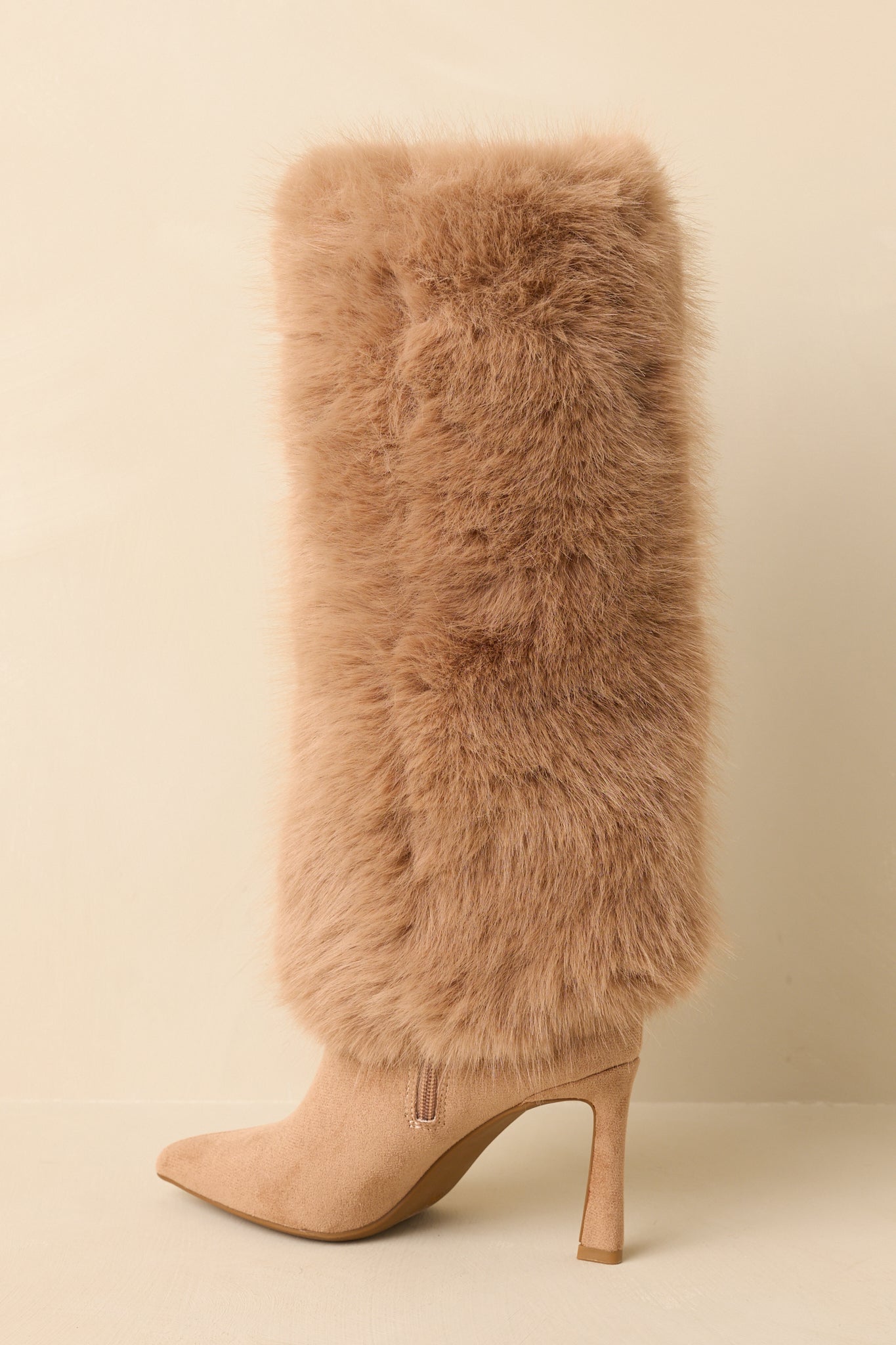 Women's Fine Point Tan Faux Fur and Suede Pointed Toe Stiletto Boots | Heel measures 3.5" 7