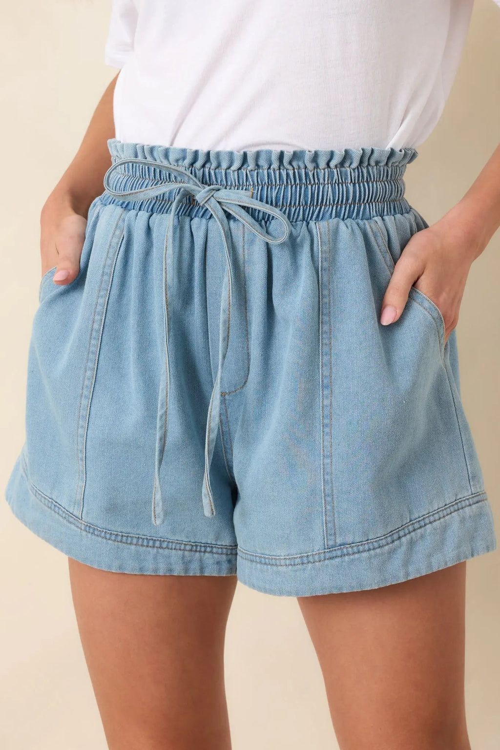 Women's First Things First Light Wash Cotton Drawstring Denim Shorts | 100% Cotton 0