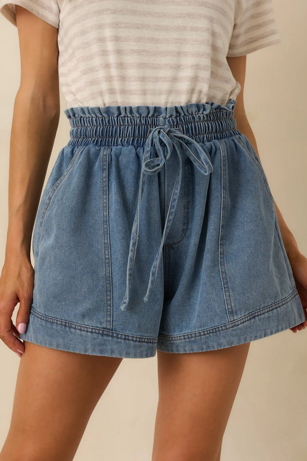 Women's First Things First Medium Wash Cotton Drawstring Denim Shorts | 100% Cotton 0