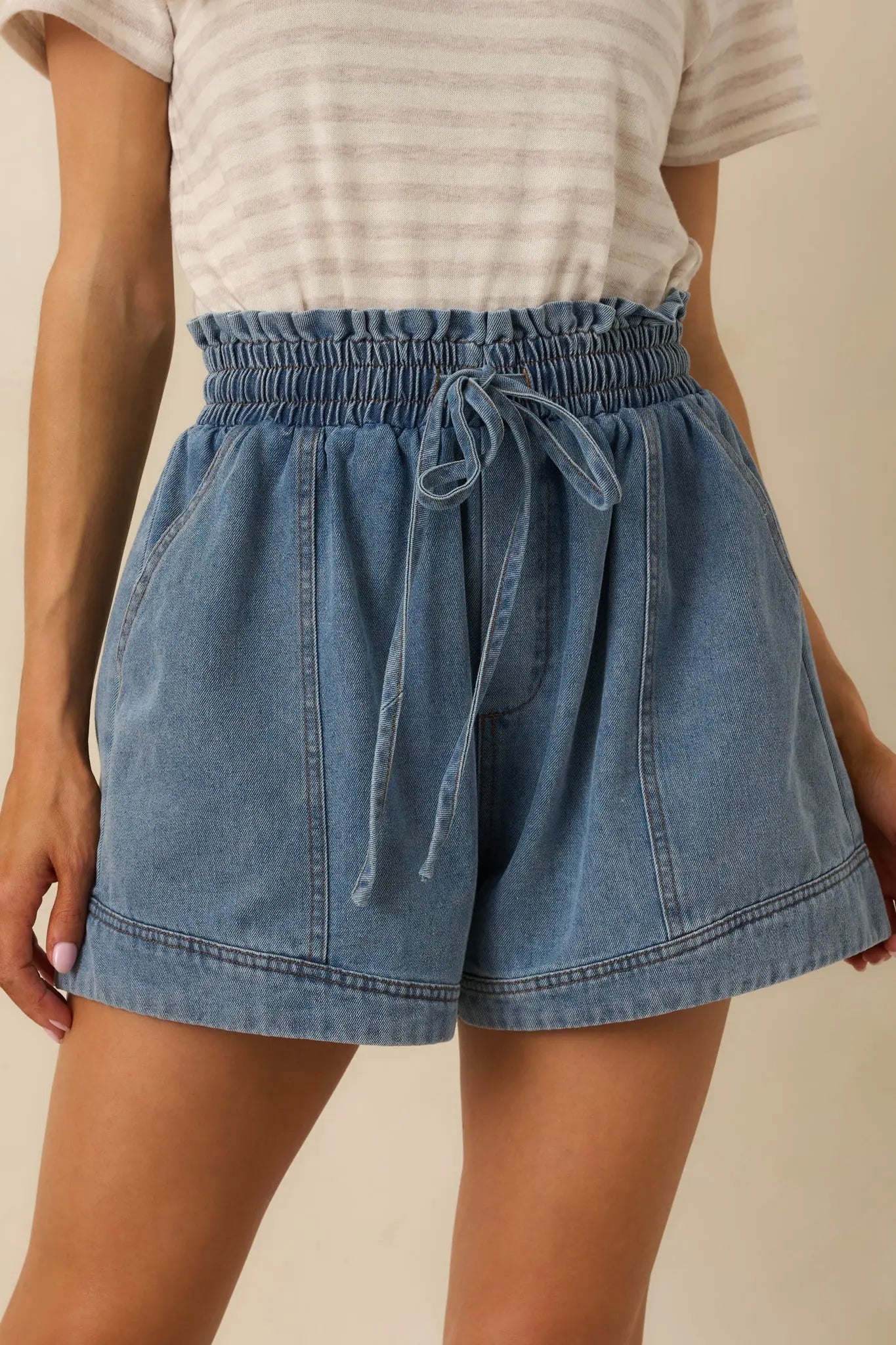 Women's First Things First Medium Wash Cotton Drawstring Denim Shorts | 100% Cotton 0