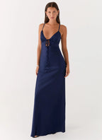 Women's Flora Collection | Satin Maxi Dress with V Neckline & Tie Detail | Elegant Evening Wear - Women's | V-neckline — 5