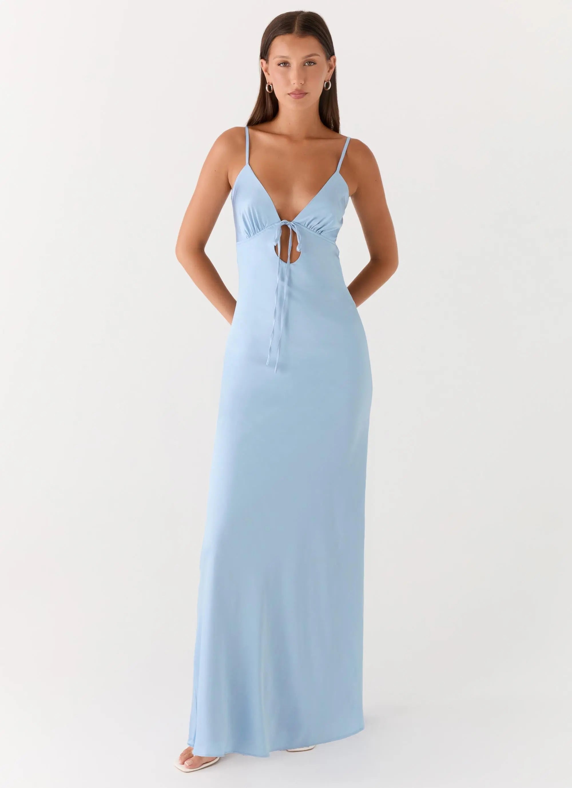 Flora Collection | Satin Maxi Dress with V Neckline & Tie Detail | Elegant Long Dress for Special Occasions - Women's 0