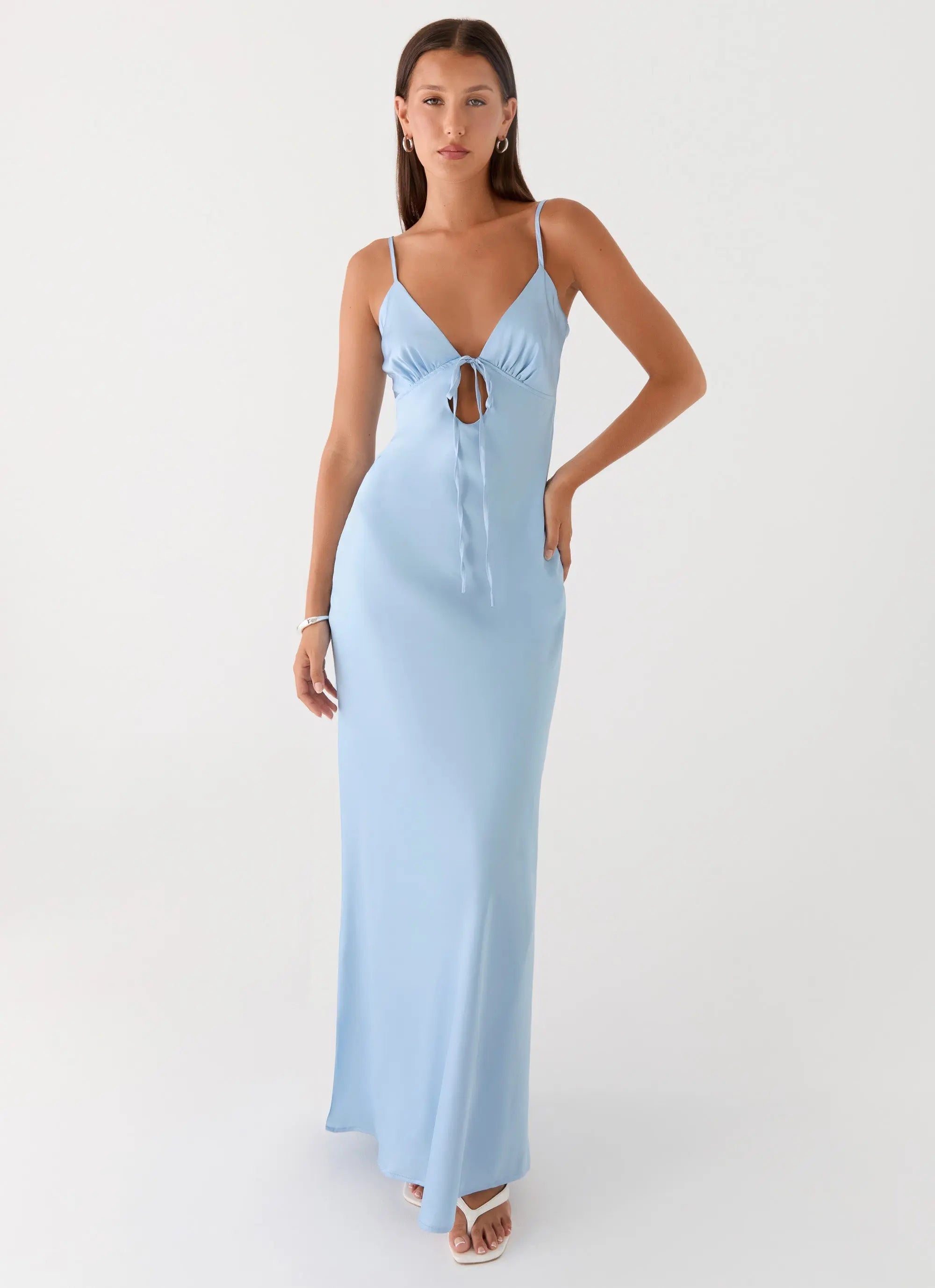 Flora Collection | Satin Maxi Dress with V Neckline & Tie Detail | Elegant Long Dress for Special Occasions - Women's 3