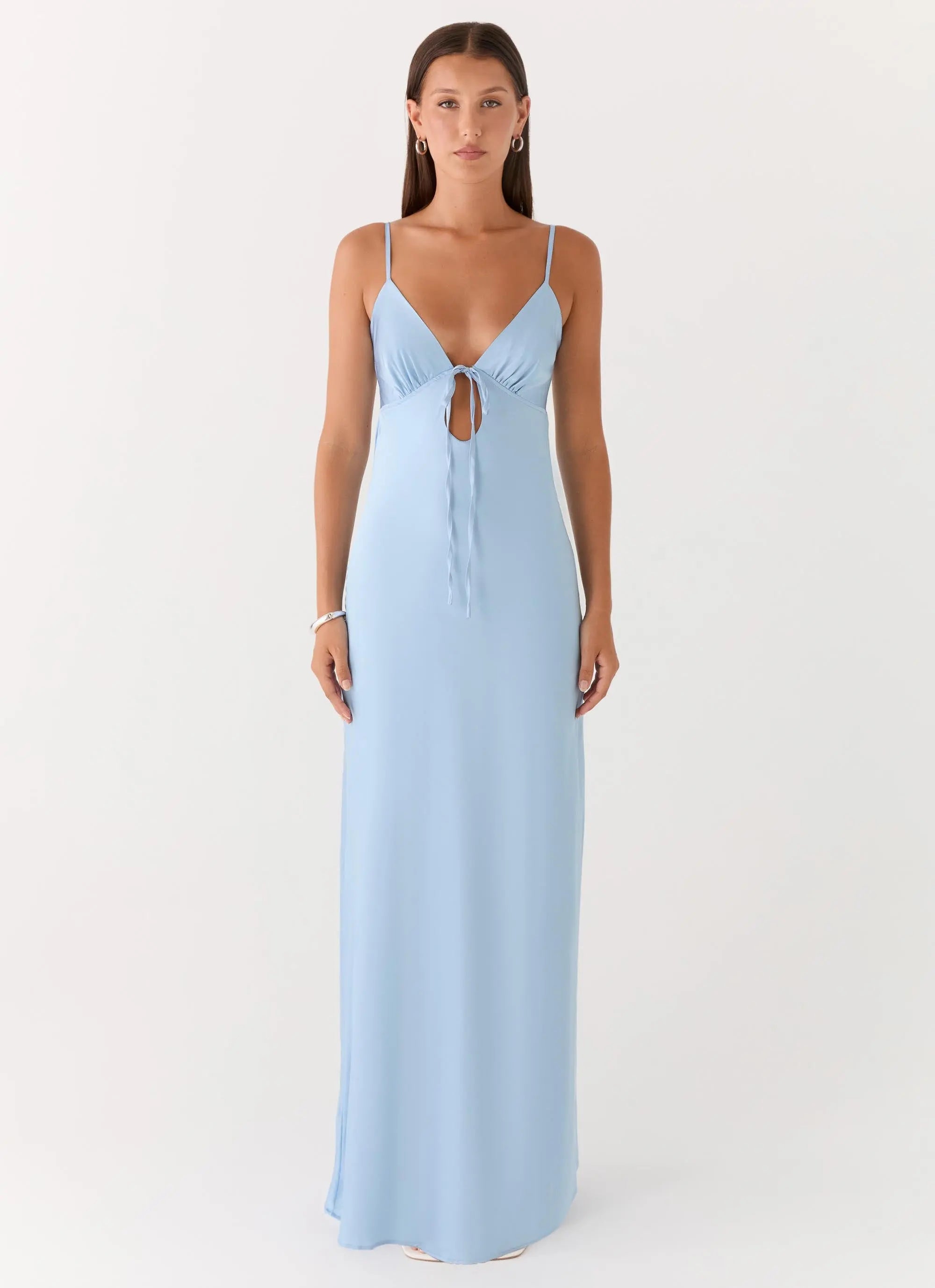 Flora Collection | Satin Maxi Dress with V Neckline & Tie Detail | Elegant Long Dress for Special Occasions - Women's 5