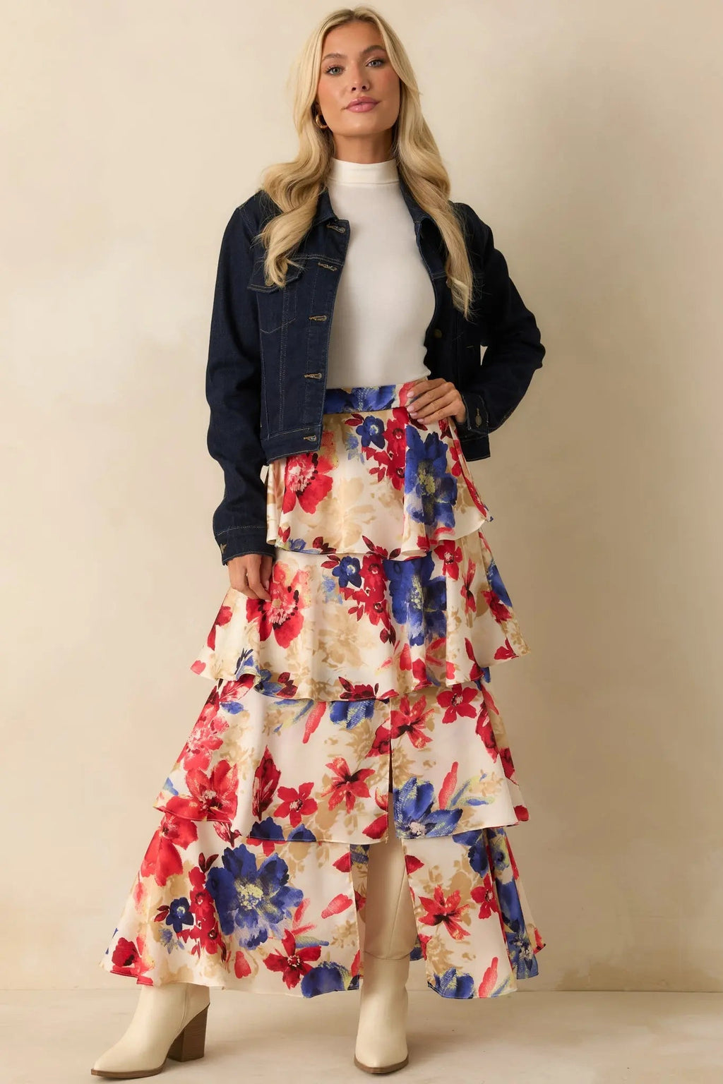 Women's Flourish and Flow Ivory & Red Multi Floral Print Tiered Maxi Skirt | 100% Polyester 3