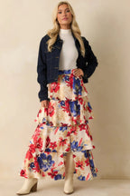 Women's Flourish and Flow Ivory & Red Multi Floral Print Tiered Maxi Skirt | 100% Polyester 3