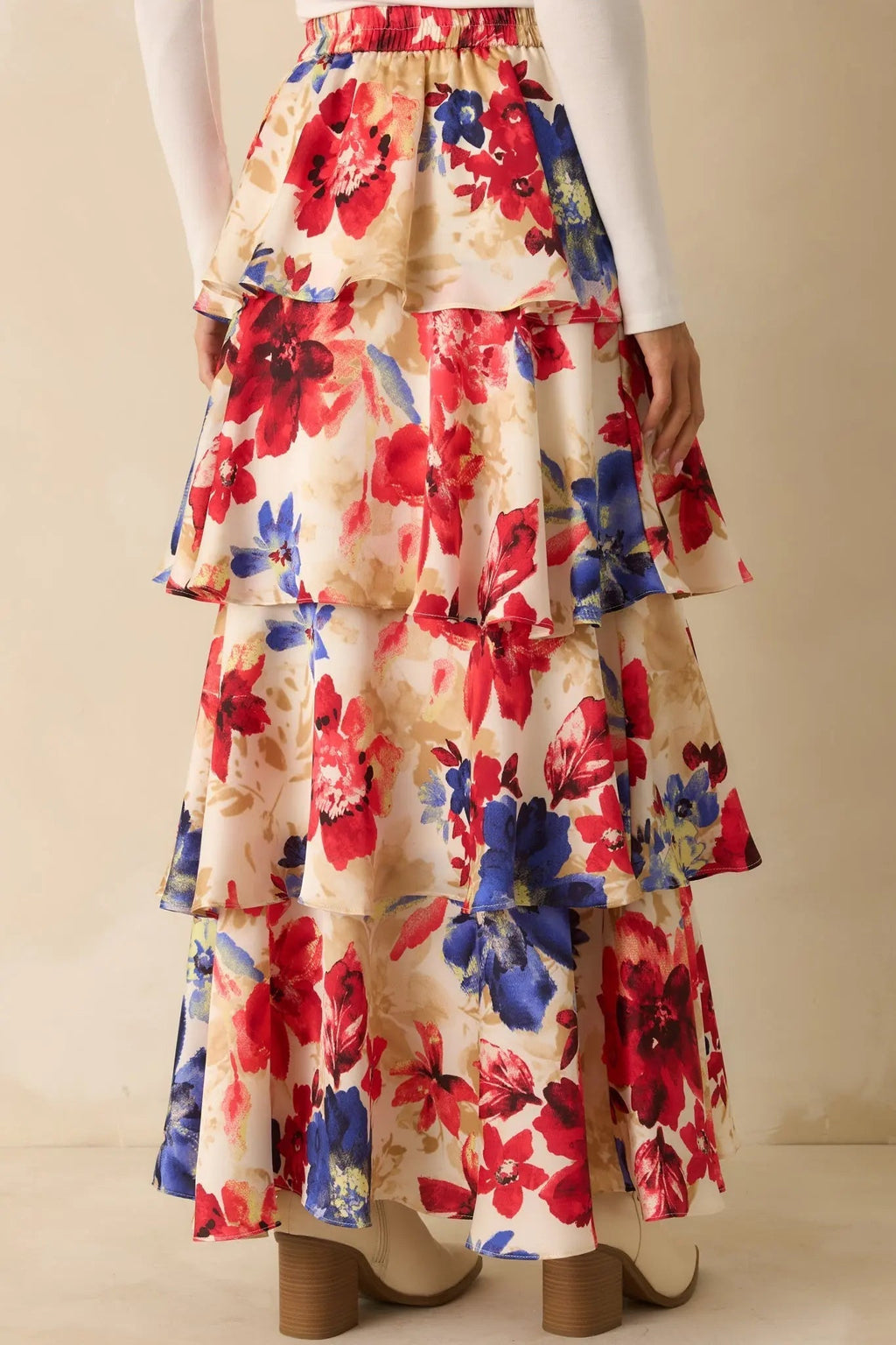Women's Flourish and Flow Ivory & Red Multi Floral Print Tiered Maxi Skirt | 100% Polyester 4