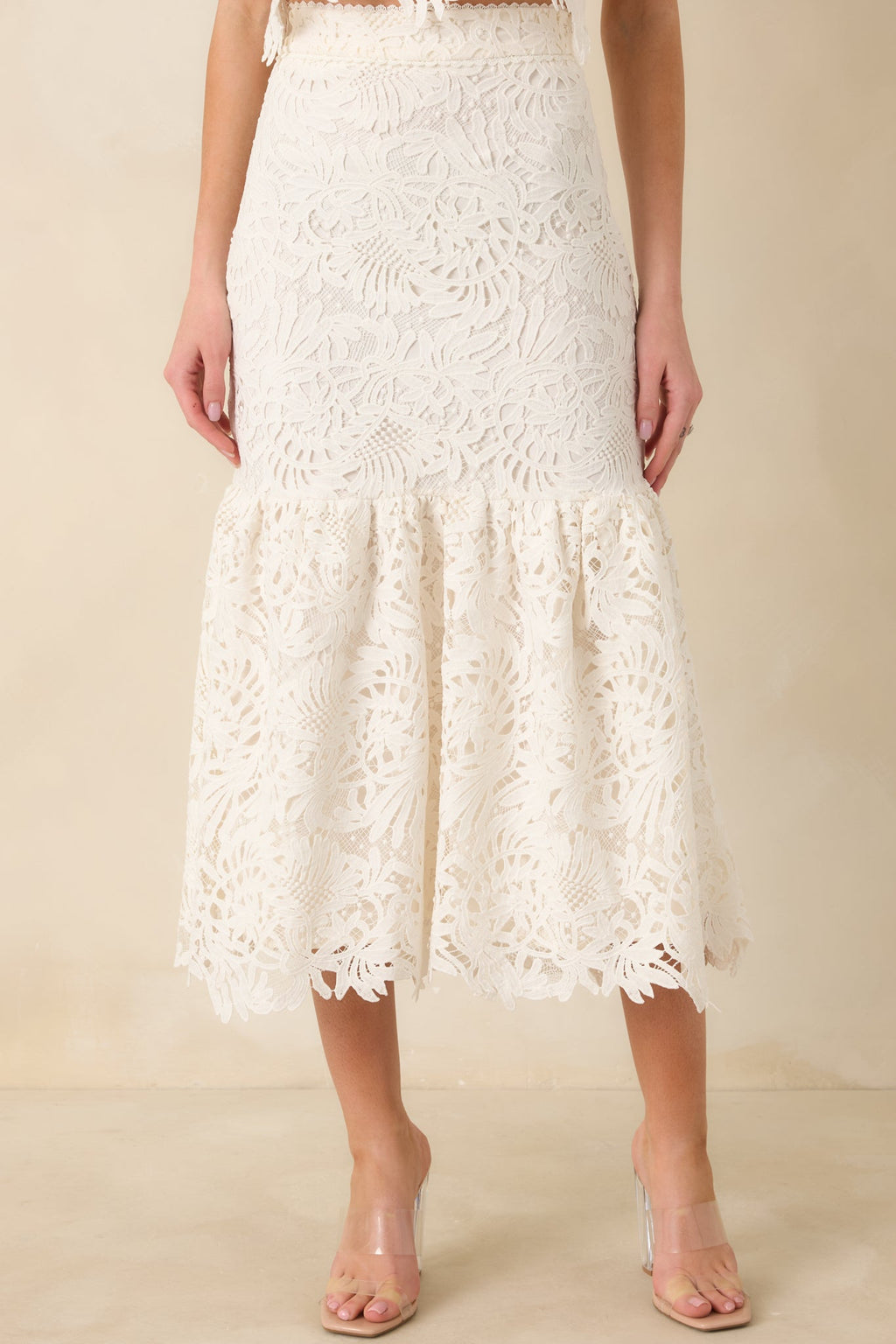 Women's Forever Begins Ivory Floral Lace Midi Skirt | 100% Polyester 0
