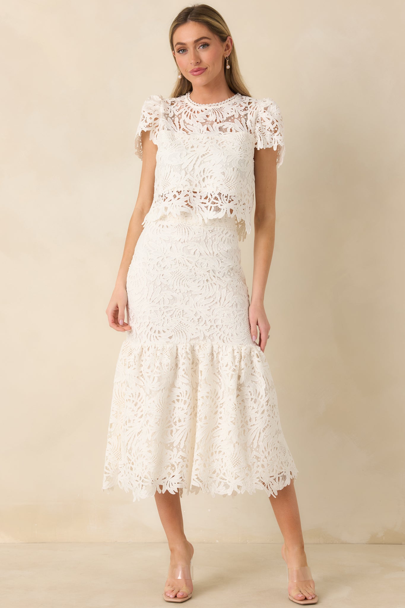 Women's Forever Begins Ivory Floral Lace Midi Skirt | 100% Polyester 3