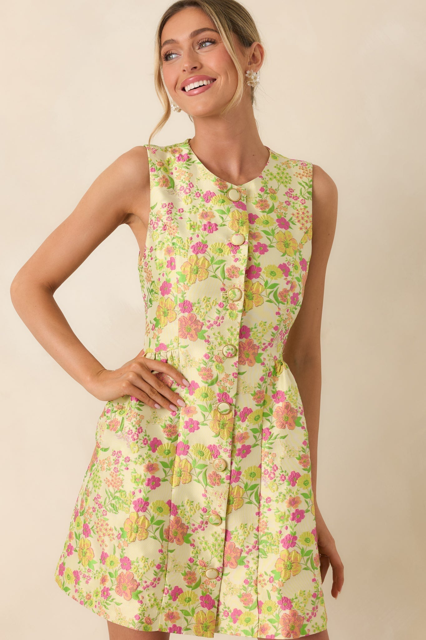 Women's Fresh Picked Feelings Yellow Multi Floral Button Front Sleeveless Mini Dress | 85% Polyester & 15% Nylon 0