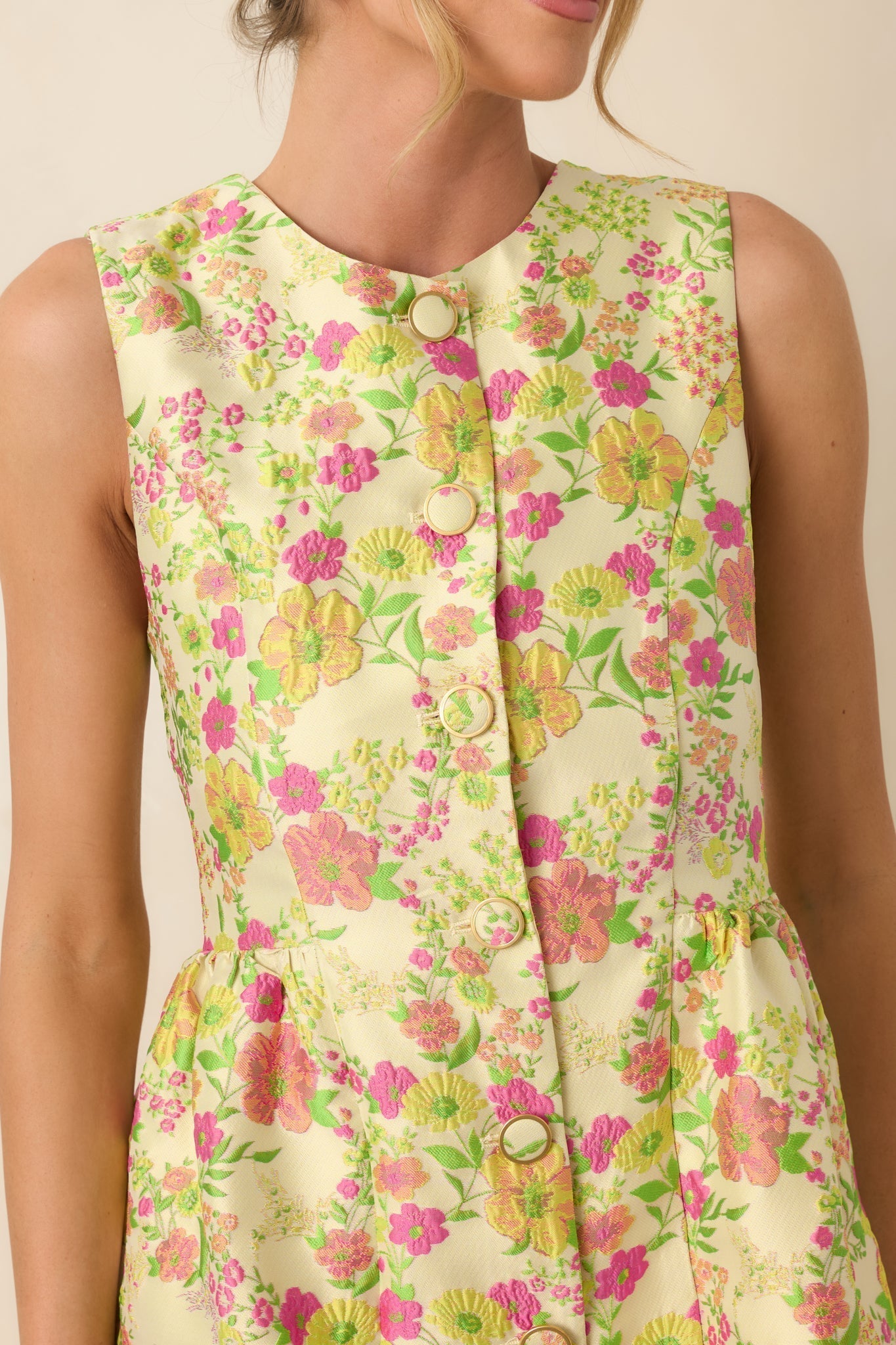 Women's Fresh Picked Feelings Yellow Multi Floral Button Front Sleeveless Mini Dress | 85% Polyester & 15% Nylon 1