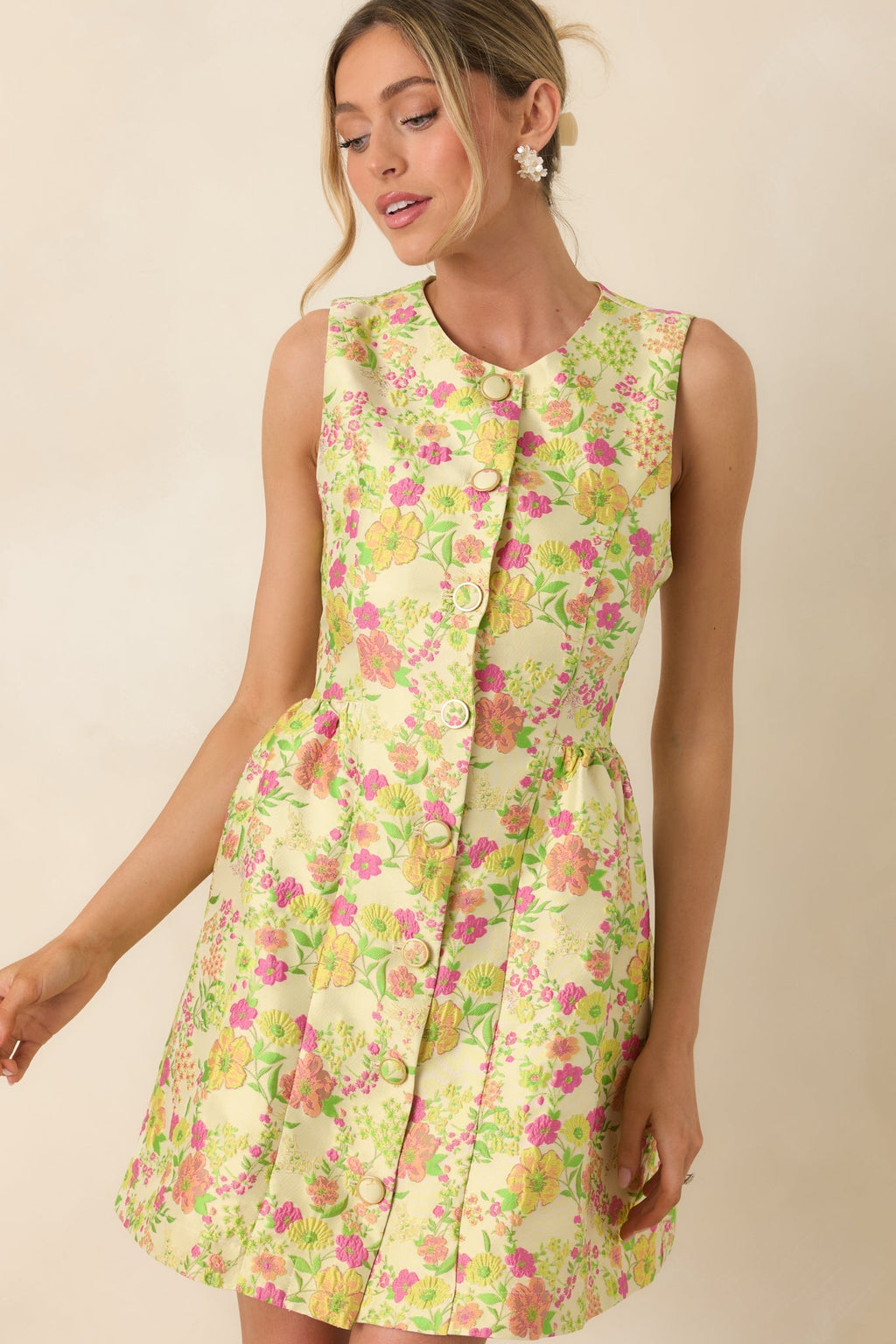 Women's Fresh Picked Feelings Yellow Multi Floral Button Front Sleeveless Mini Dress | 85% Polyester & 15% Nylon 5