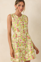 Women's Fresh Picked Feelings Yellow Multi Floral Button Front Sleeveless Mini Dress | 85% Polyester & 15% Nylon 6