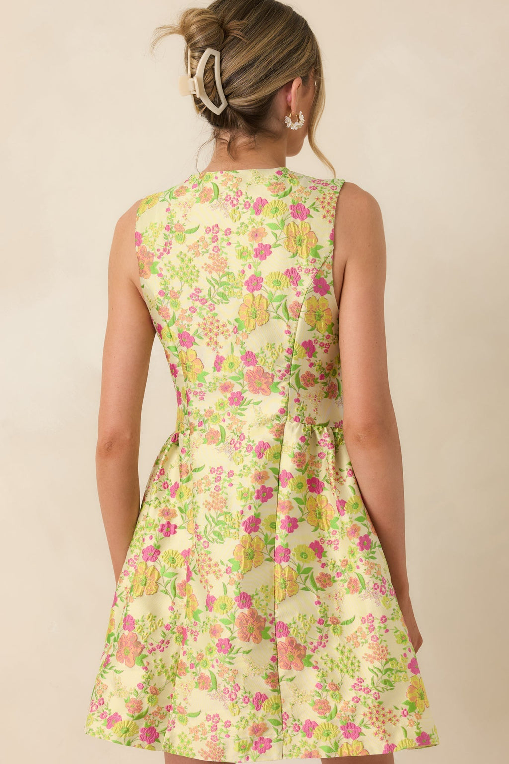 Women's Fresh Picked Feelings Yellow Multi Floral Button Front Sleeveless Mini Dress | 85% Polyester & 15% Nylon 7