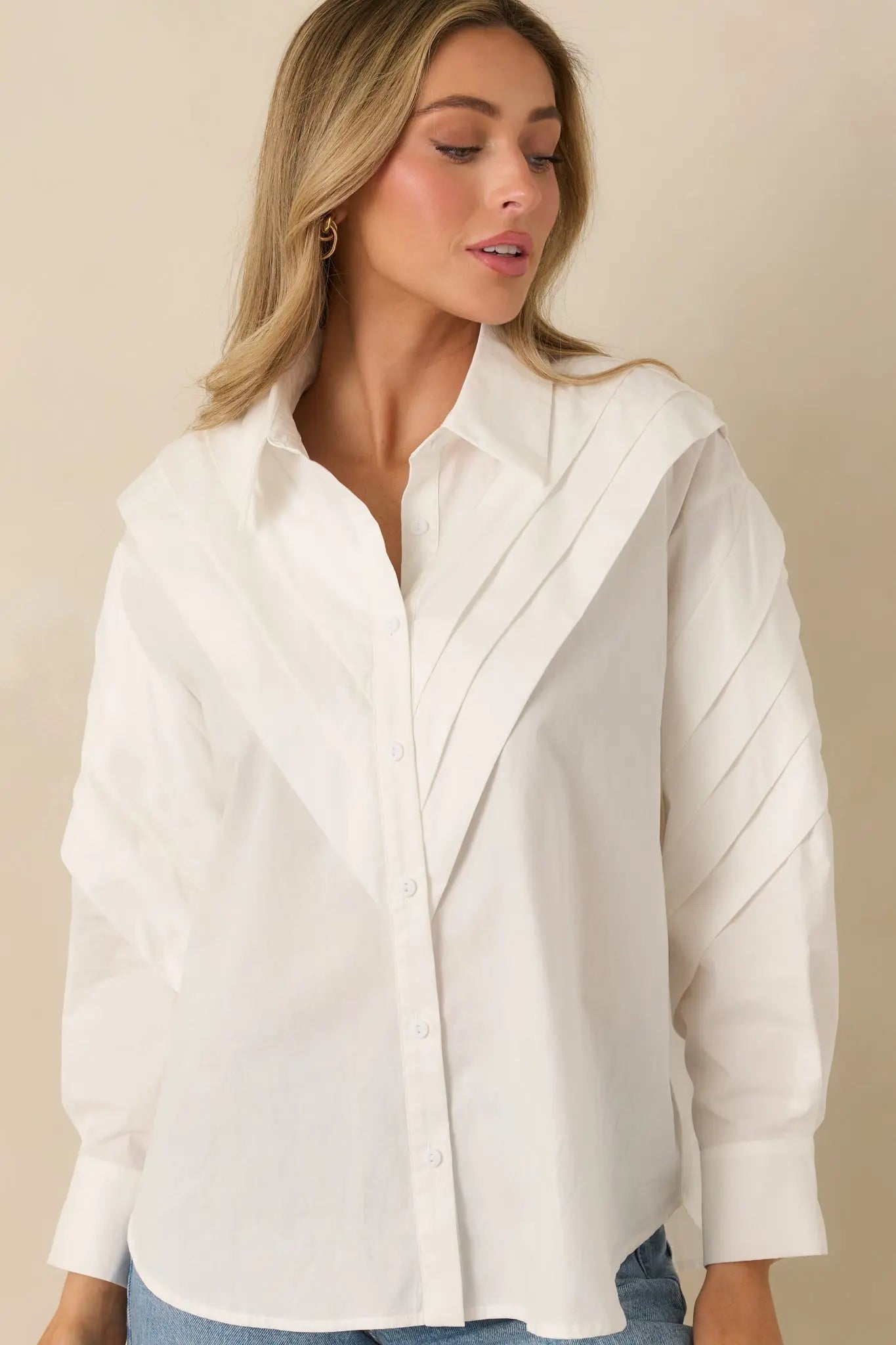 Women's From Every Angle White Cotton Pleated Shoulder Button-Up Blouse | 100% Cotton 3
