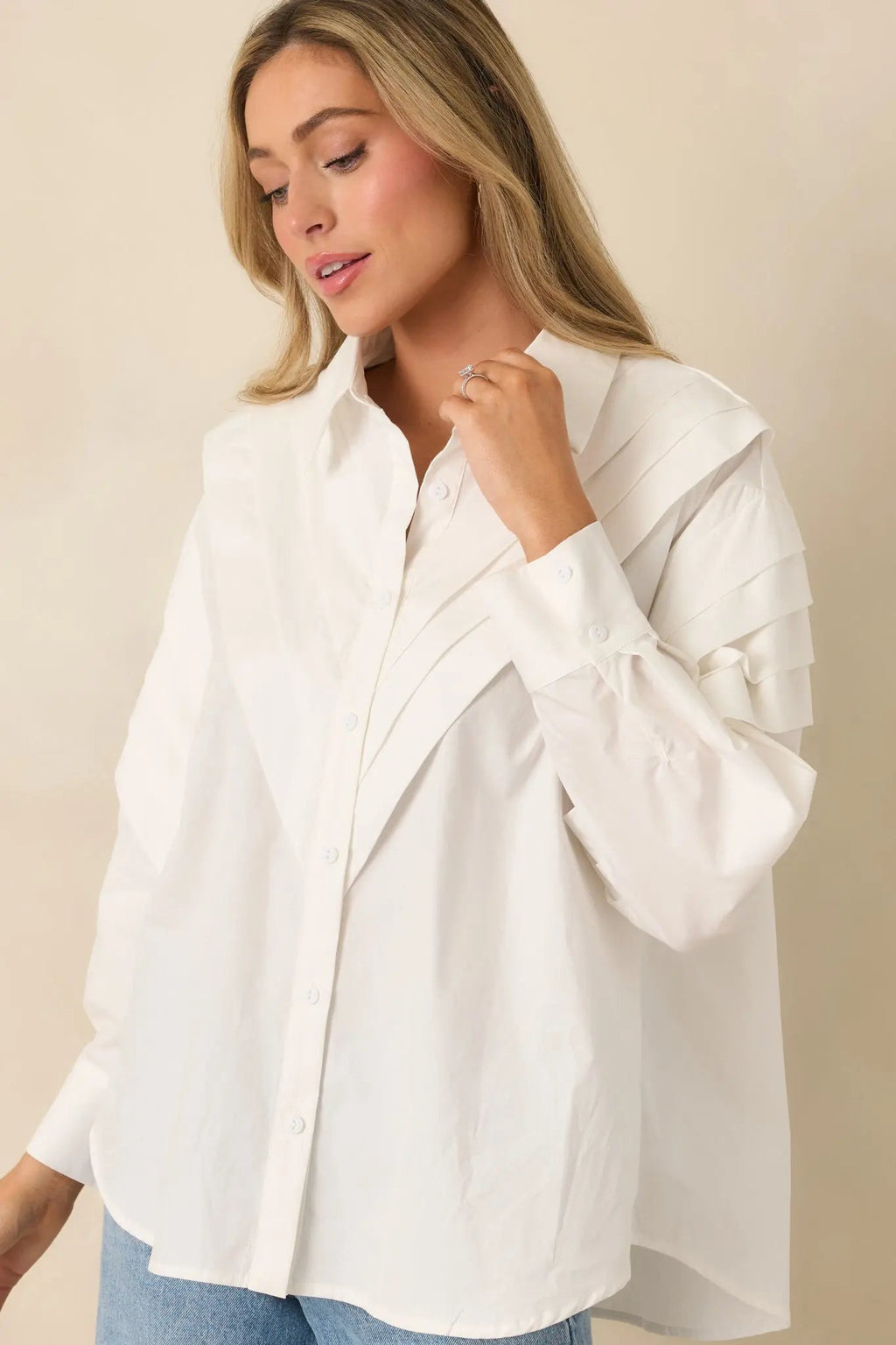 Women's From Every Angle White Cotton Pleated Shoulder Button-Up Blouse | 100% Cotton 4