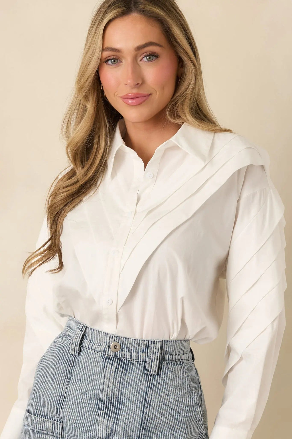 Women's From Every Angle White Cotton Pleated Shoulder Button-Up Blouse | 100% Cotton 5