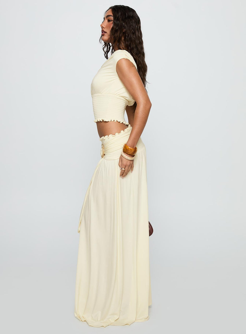 Women's Full Orbit Shirred Maxi Skirt Cream | Shirred buckle maxi skirt 3