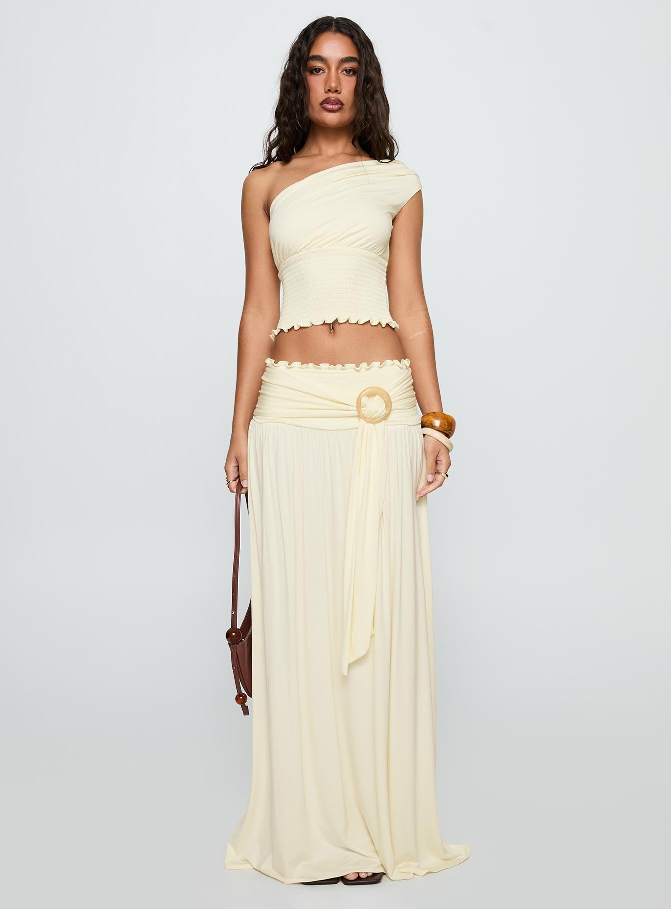 Women's Full Orbit Shirred Maxi Skirt Cream | Shirred buckle maxi skirt 6