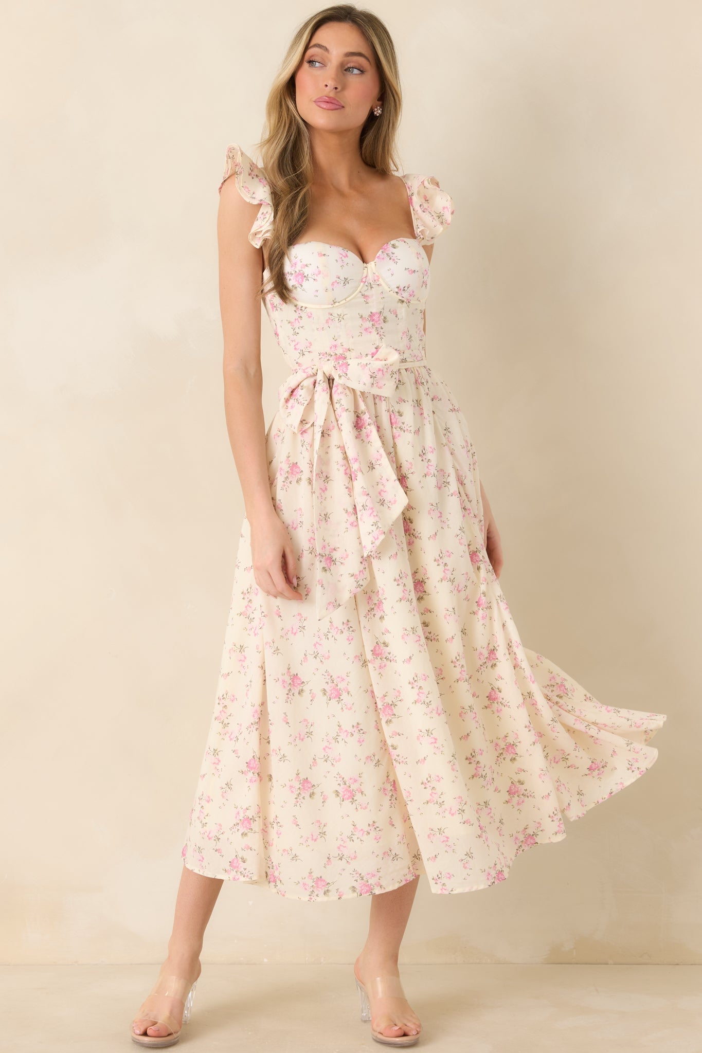 Women's Gabrielle Light Pink Floral Cotton Bustier Midi Dress | 100% Cotton 0