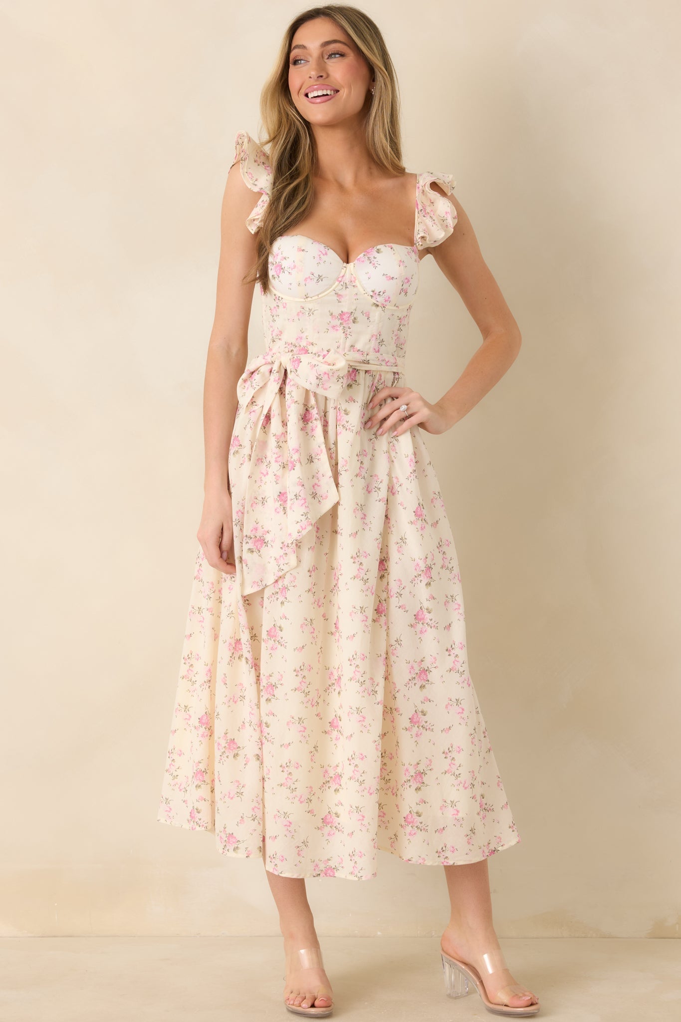 Women's Gabrielle Light Pink Floral Cotton Bustier Midi Dress | 100% Cotton 3