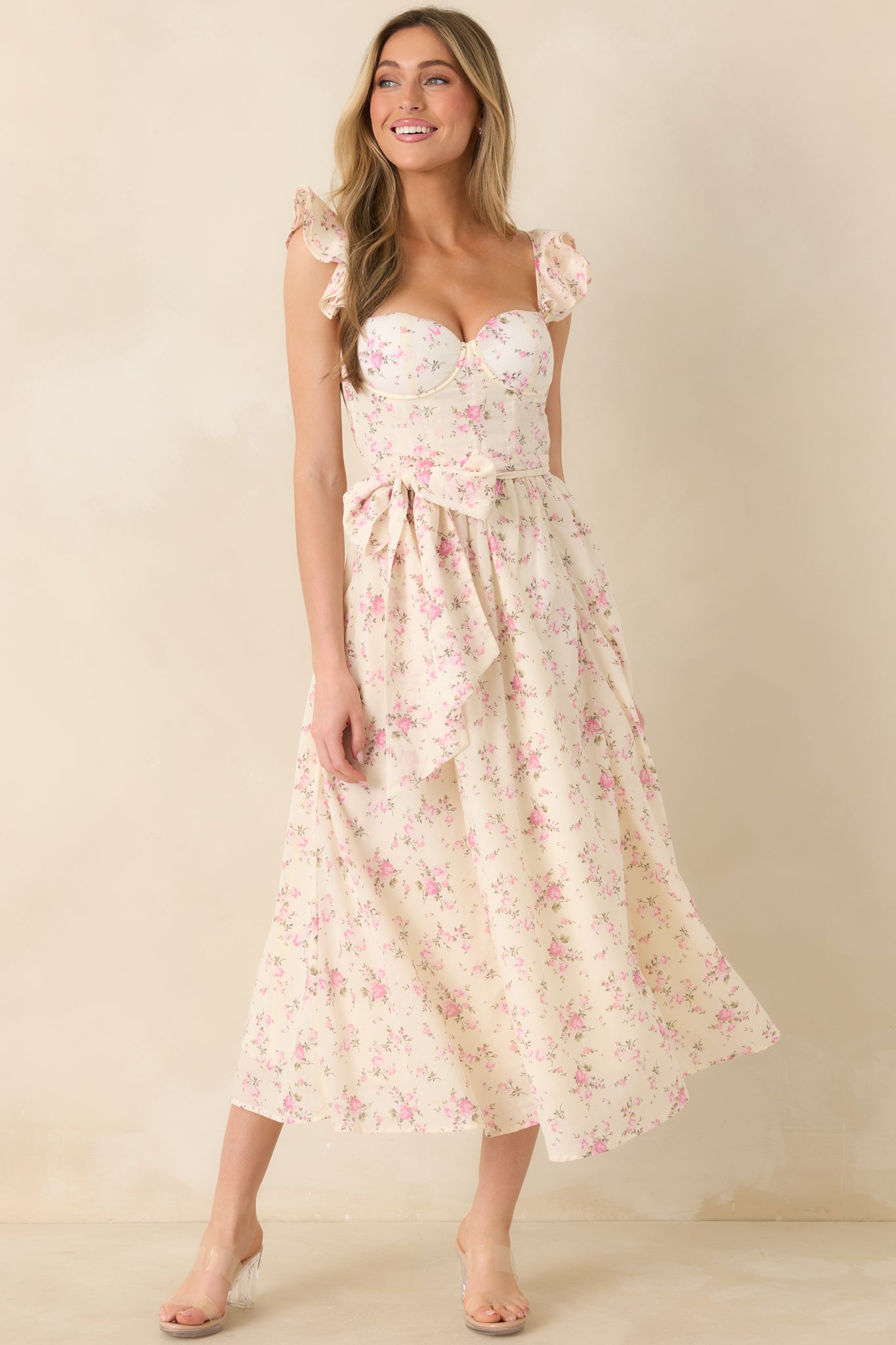 Women's Gabrielle Light Pink Floral Cotton Bustier Midi Dress | 100% Cotton 4