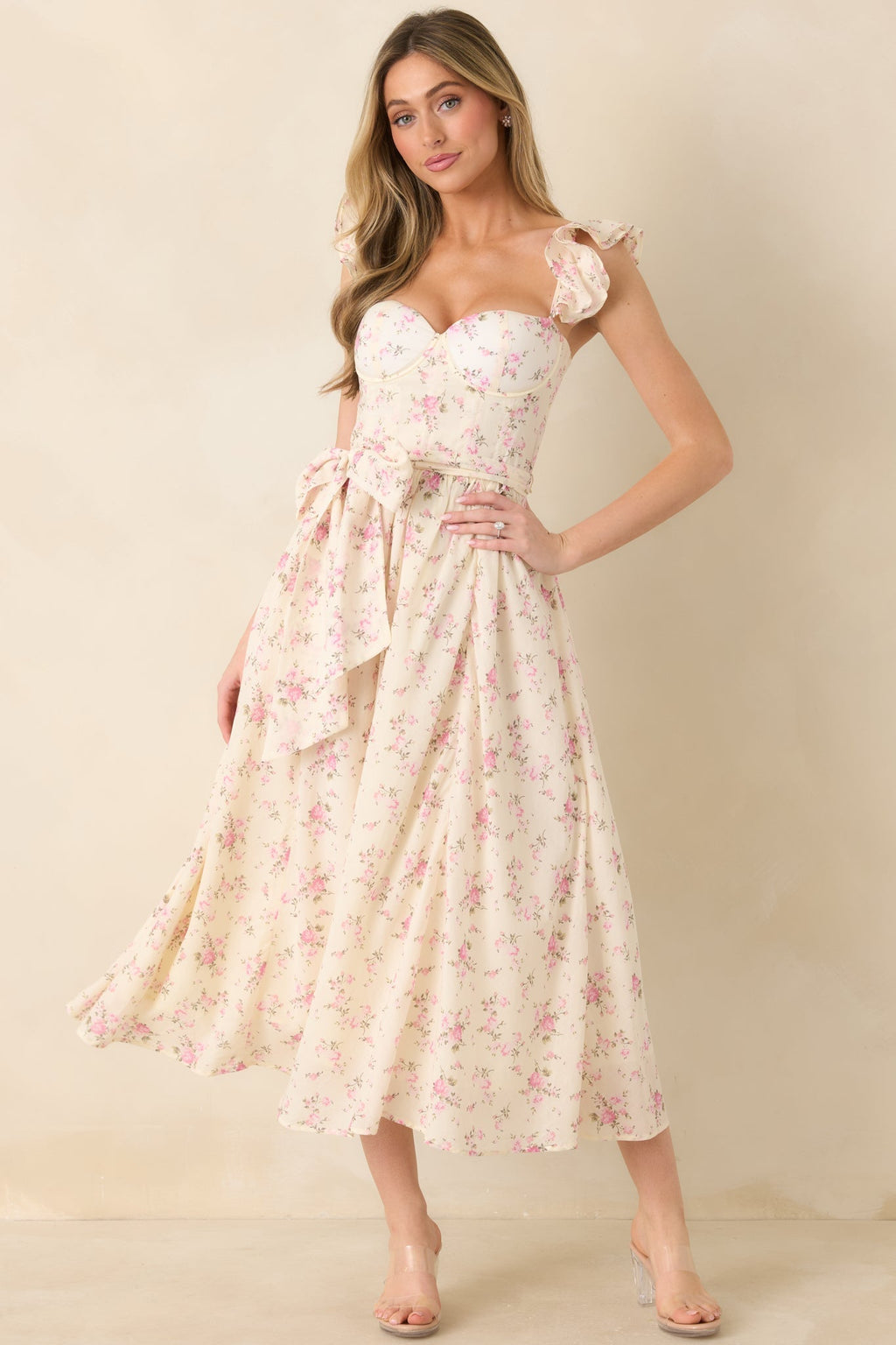 Women's Gabrielle Light Pink Floral Cotton Bustier Midi Dress | 100% Cotton 5