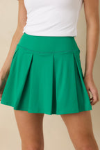 Women's Game, Set, Glow Emerald Green Stretch Pleated Mini Skort | 80% Polyester & 20% Spandex 1